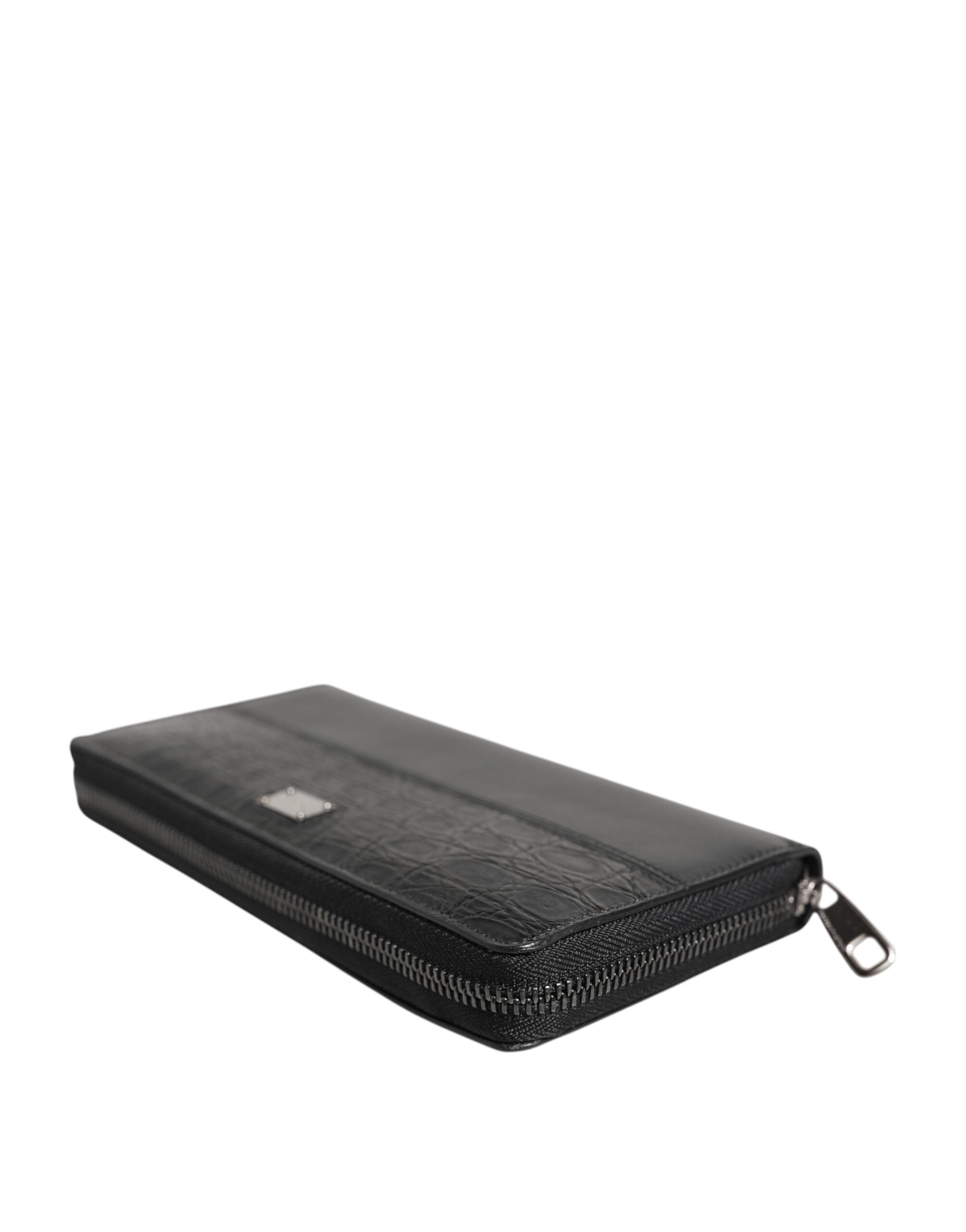 Black Leather Logo Plaque Zip Around Continental Wallet