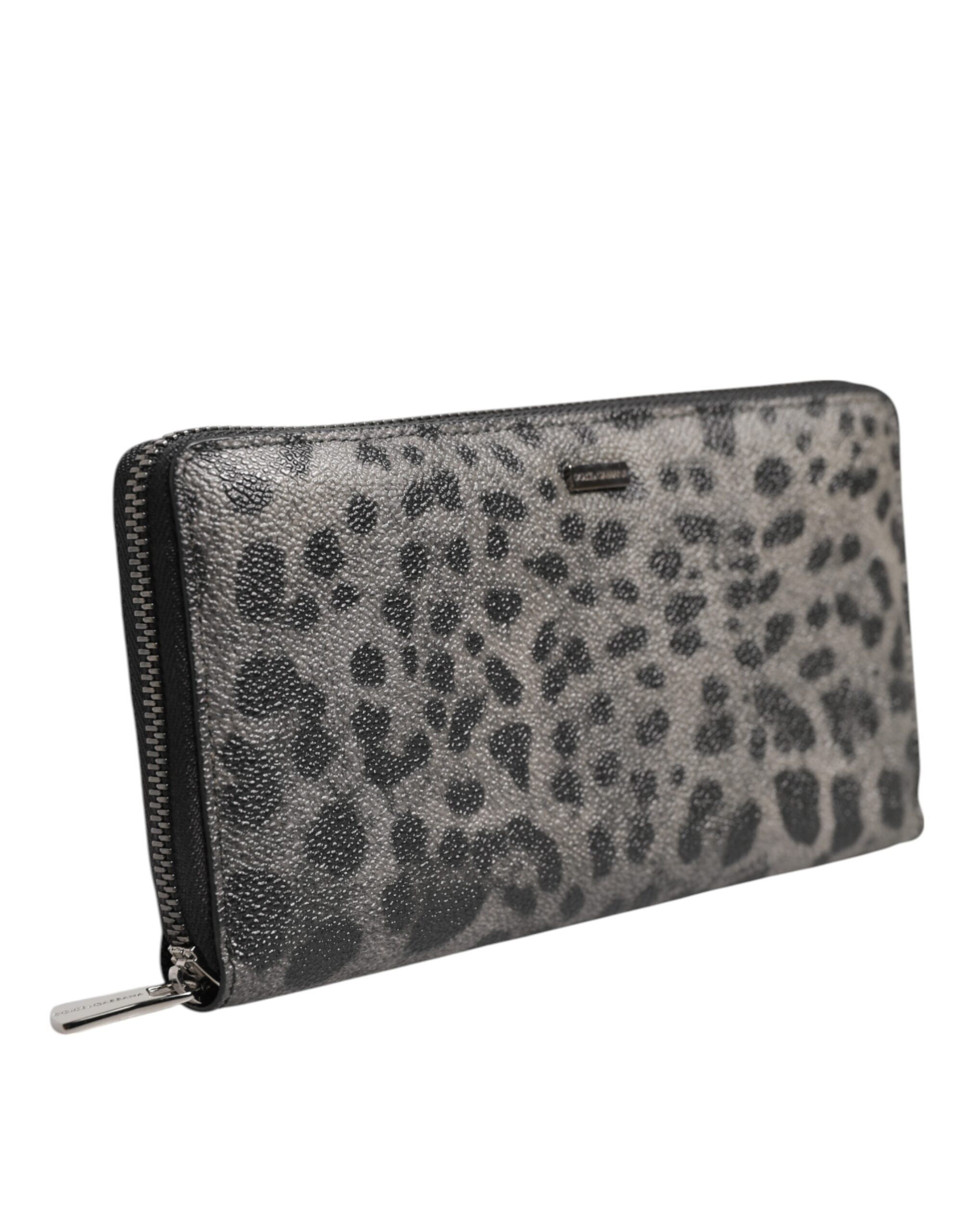 Black Gray Leopard Leather Zip Around Continental Wallet