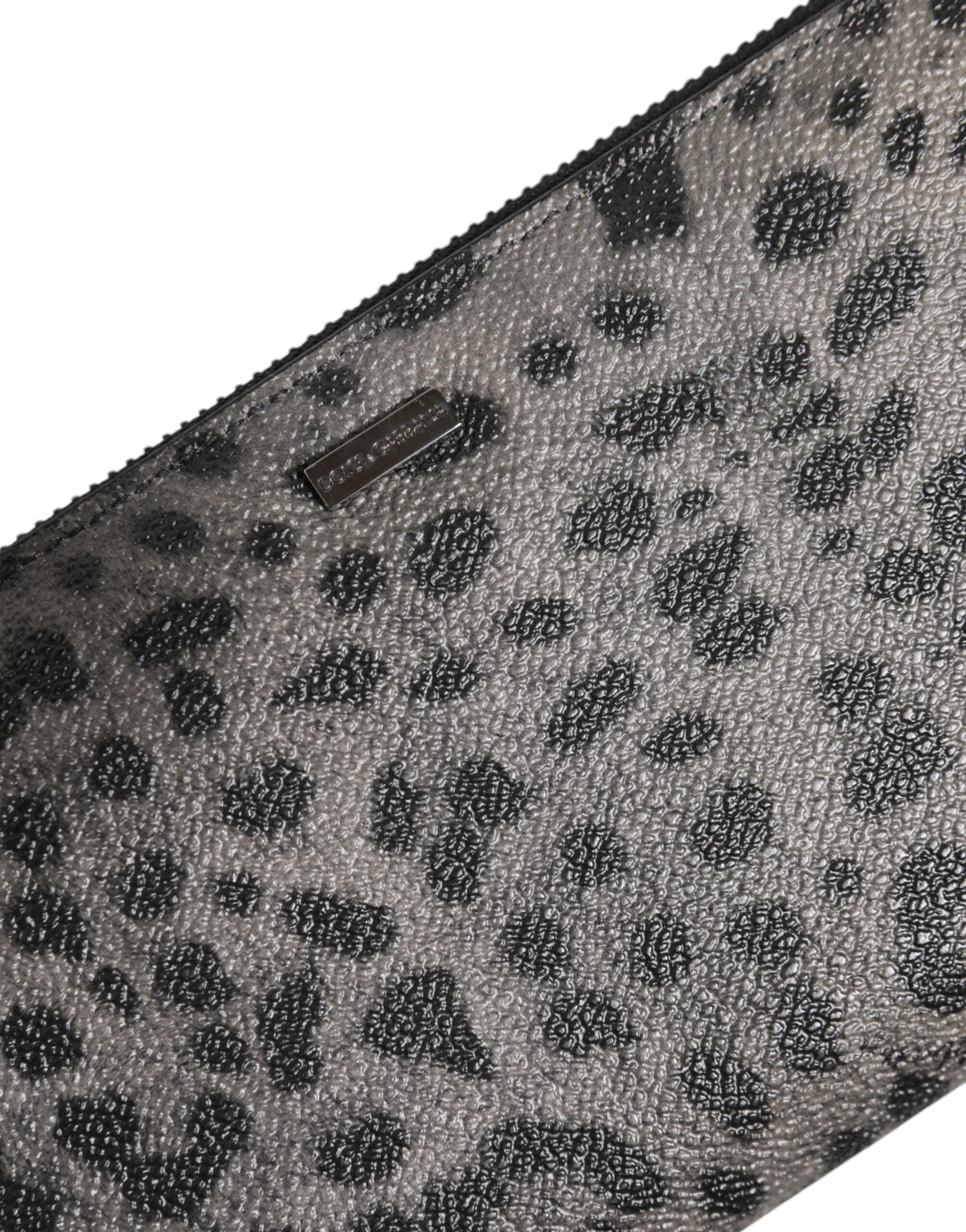 Black Gray Leopard Leather Zip Around Continental Wallet