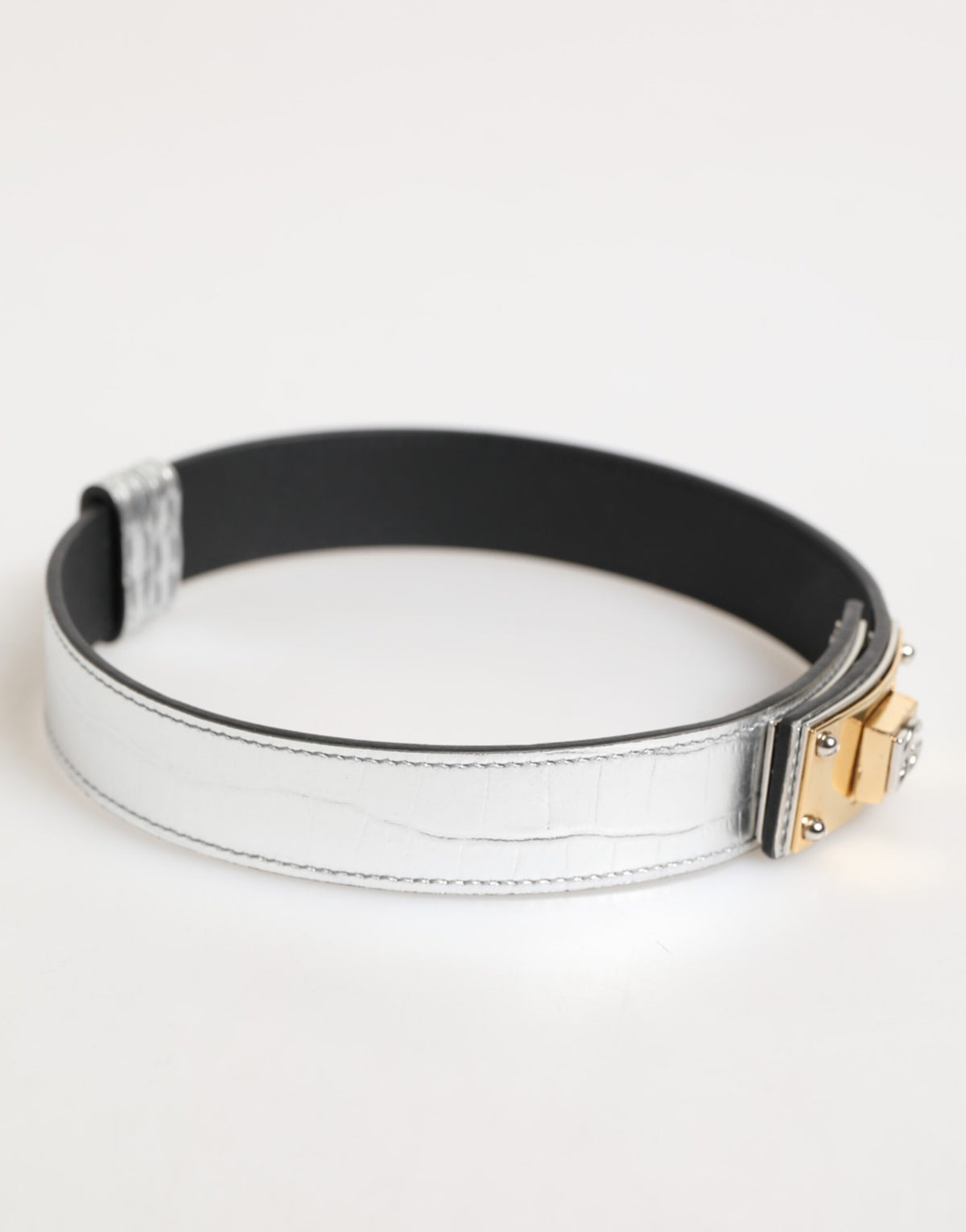 Silver Textured Leather Gold Tone Metal Neckband