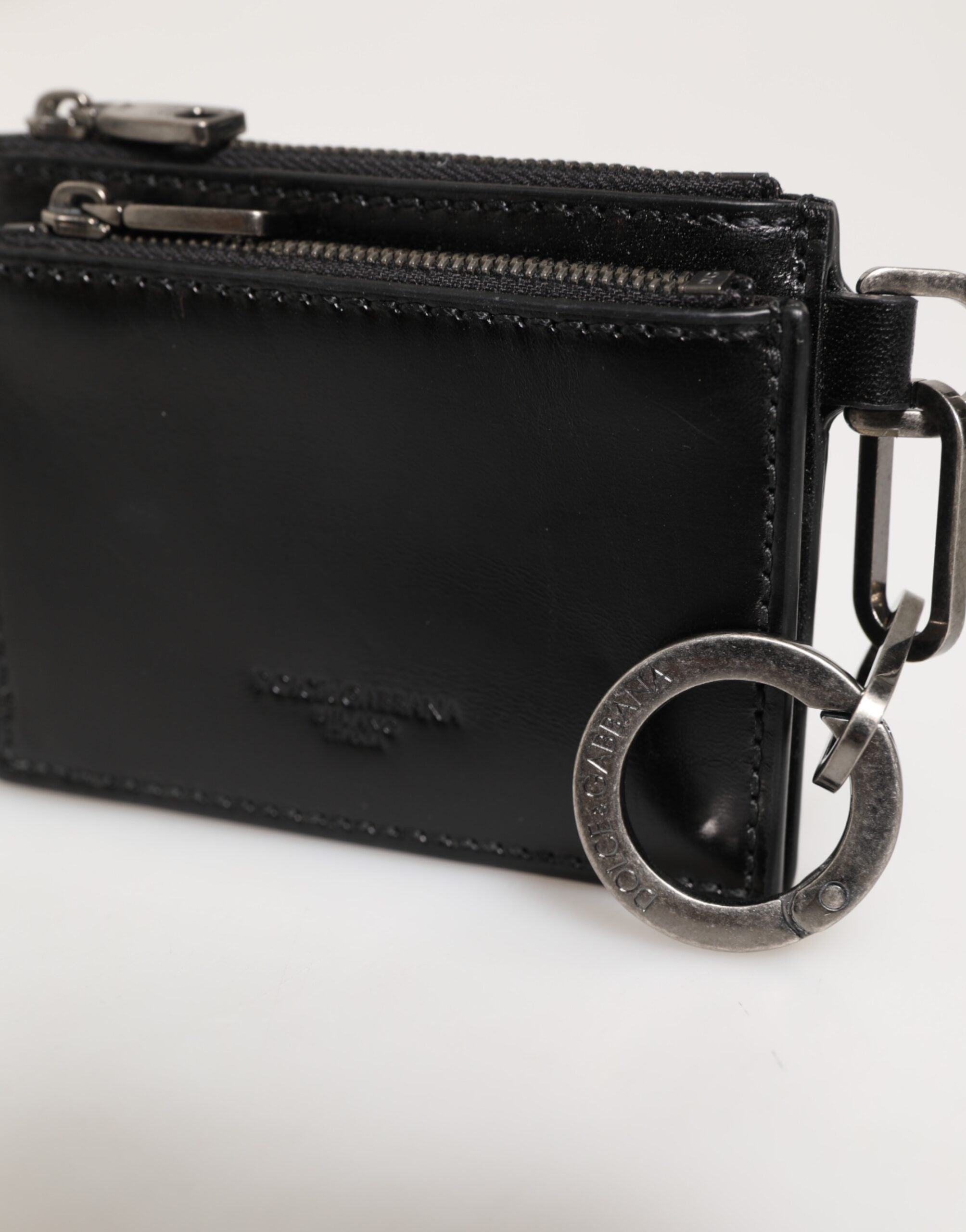 Black Leather Zipped Card Holder Coin Purse Keyring Wallet