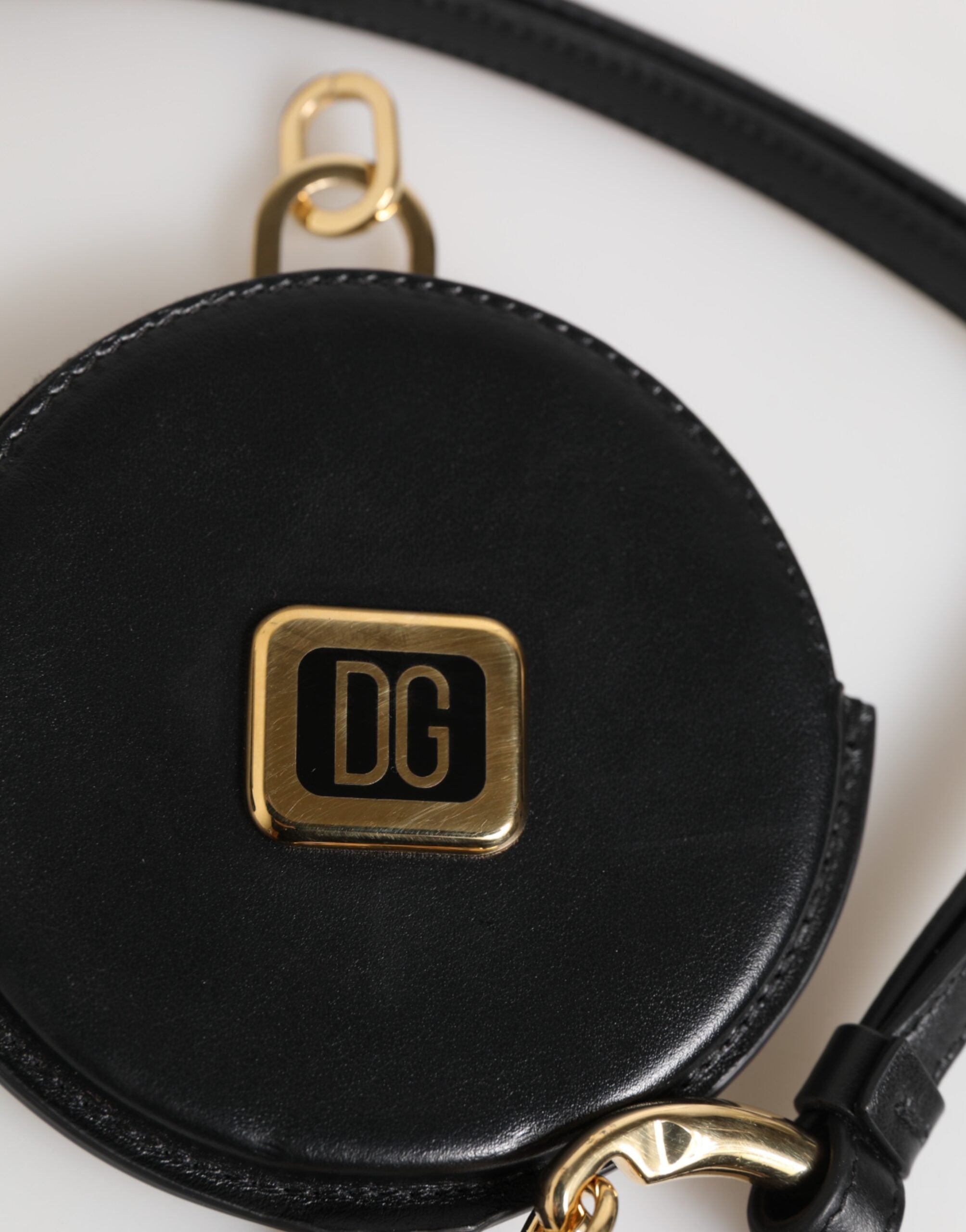 Black Round Leather DG Logo Coin Purse Lanyard Wallet