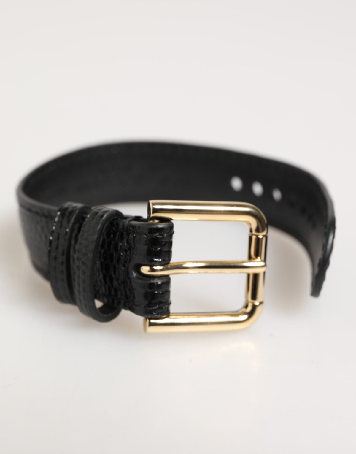 Black Embossed Leather Gold Buckle Belt Strap Bracelet