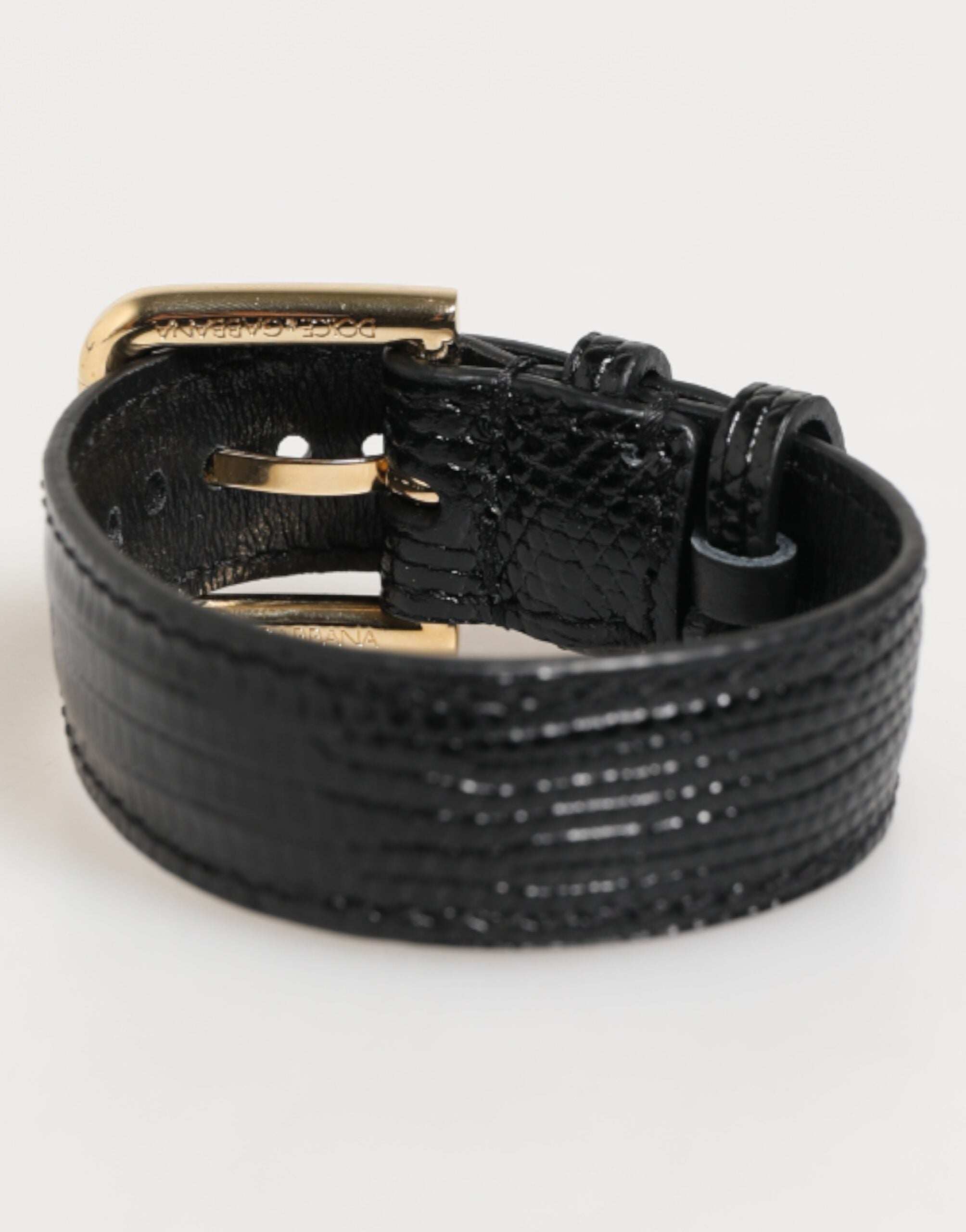 Black Embossed Leather Gold Buckle Belt Strap Bracelet