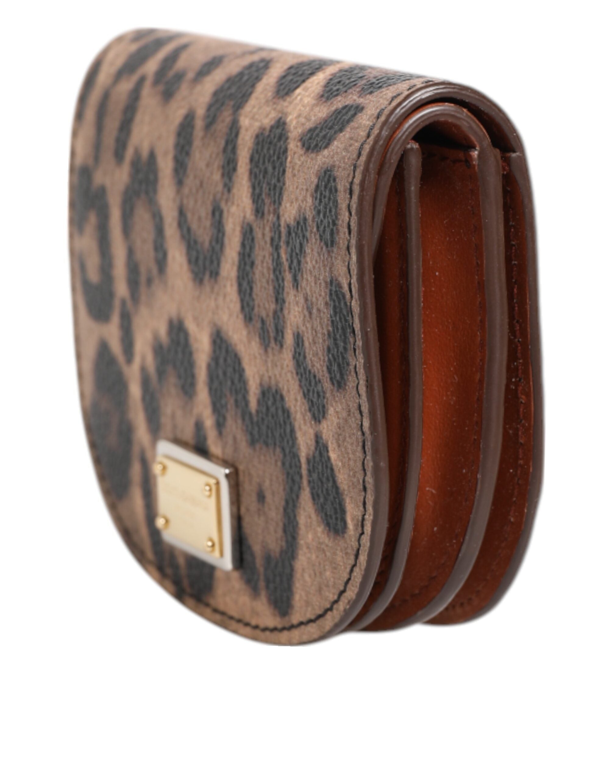 Brown Black Calf Leather Leopard Print Logo Plaque Wallet