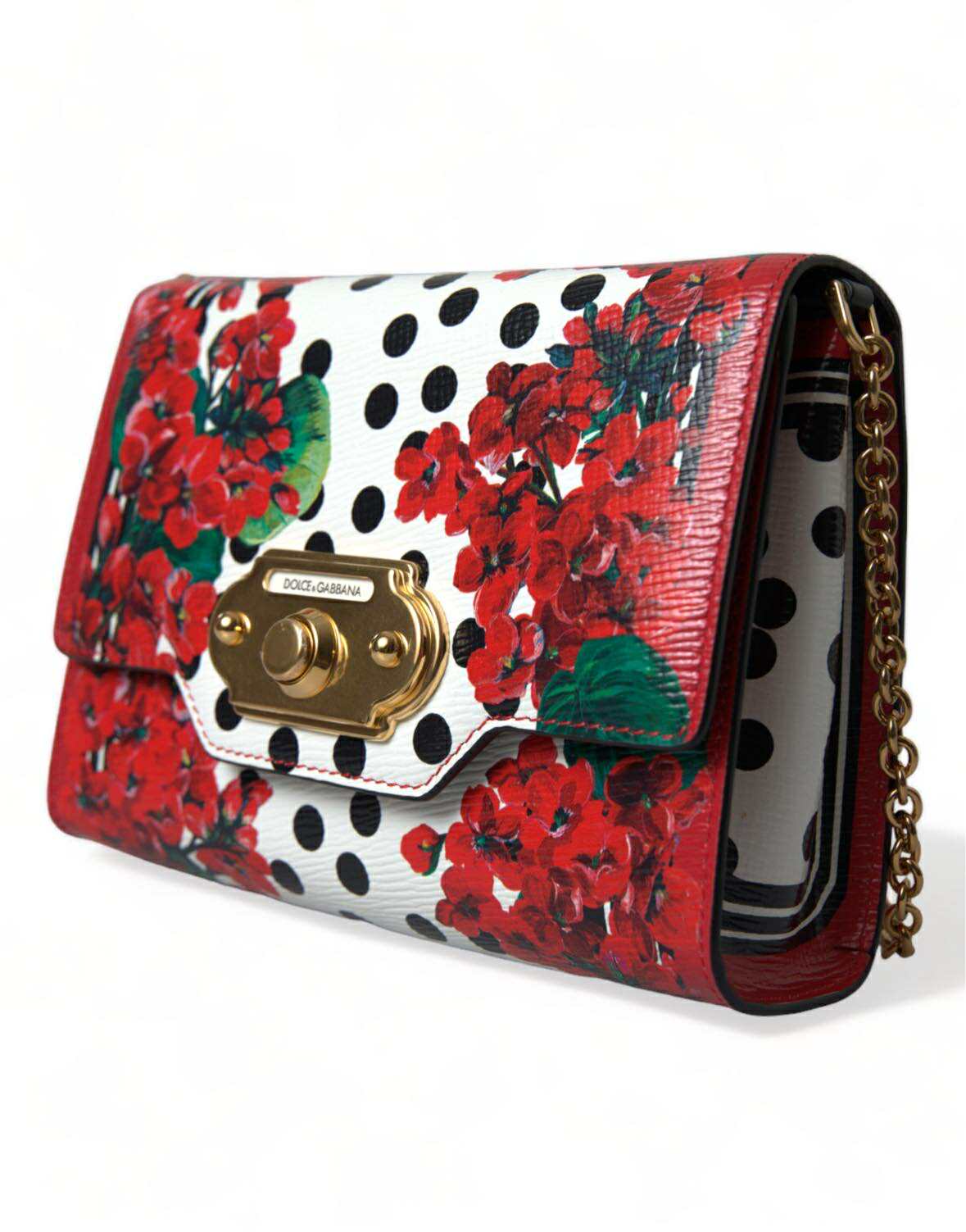 Red Floral Polka Dot Print Leather Chain DG Logo Shoulder Bag