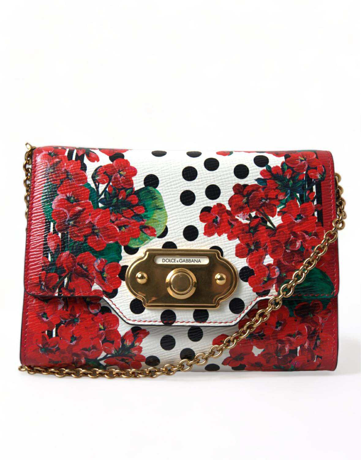 Red Floral Polka Dot Print Leather Chain DG Logo Shoulder Bag