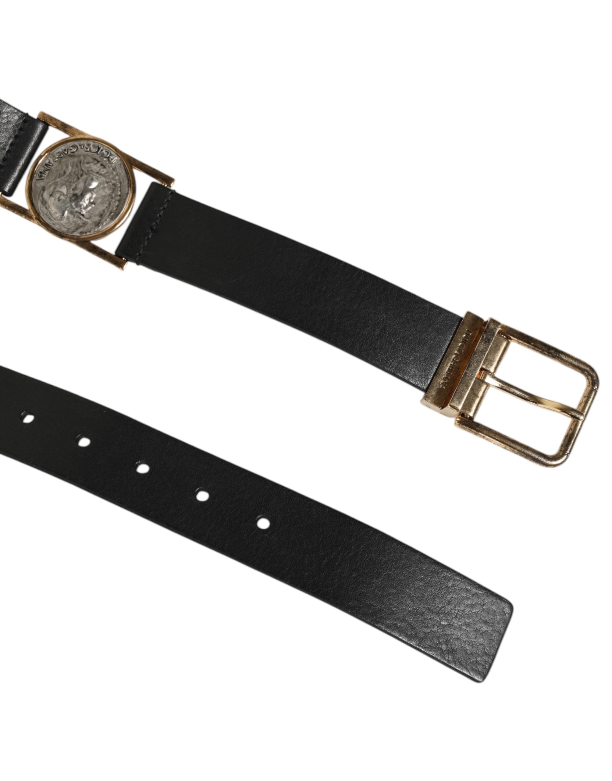 Black Leather Gold Silver Coin Buckle Belt