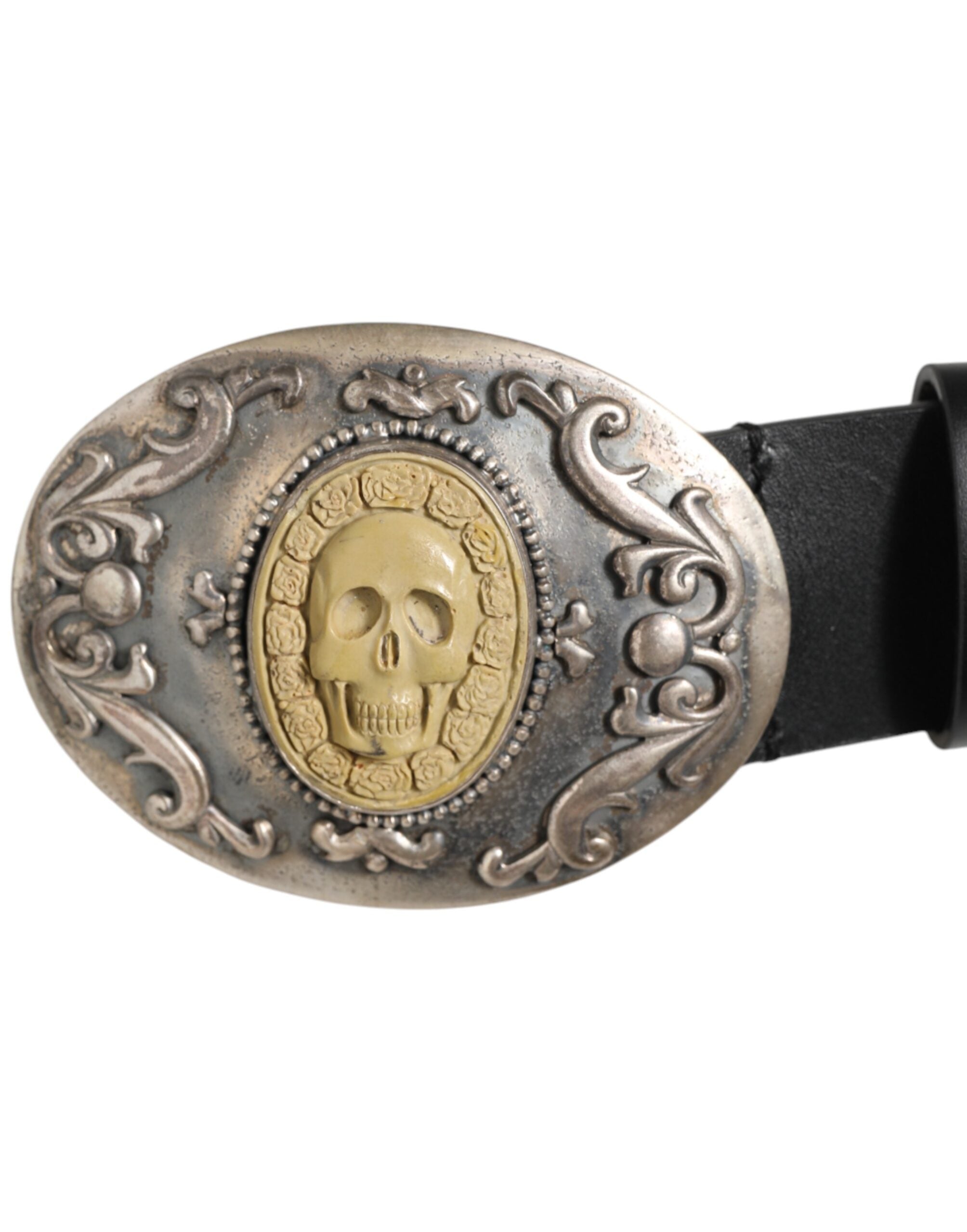 Black Leather Ornate Metal Buckle Men Belt