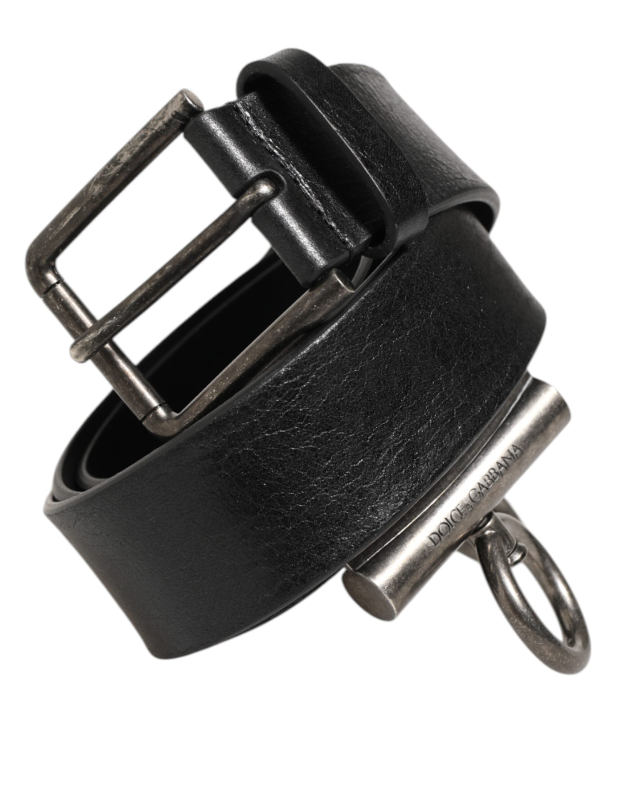 Black Leather Side Rings Brass Buckle Belt