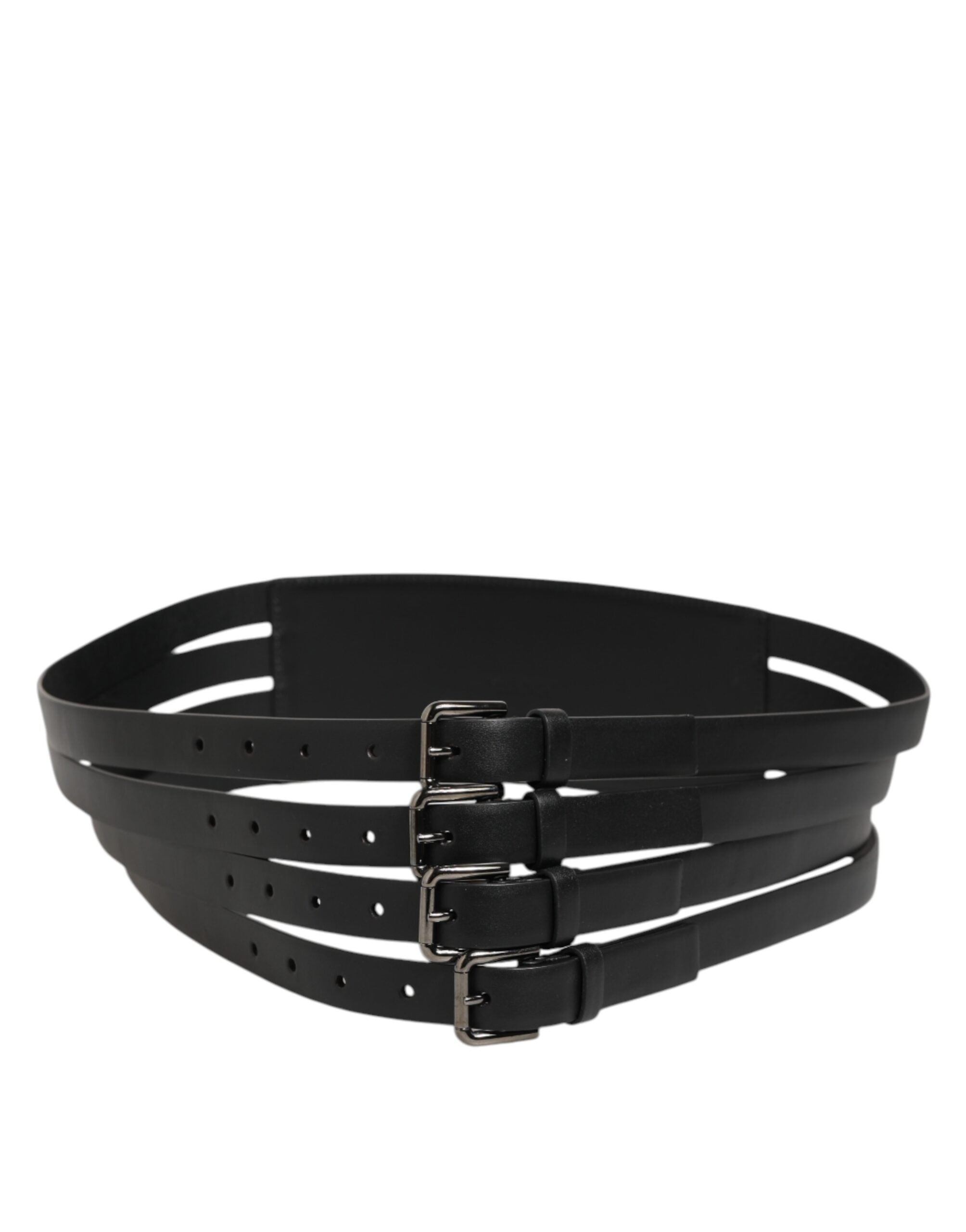 Black Leather 4-Strap Metal Multi-Buckle Belt