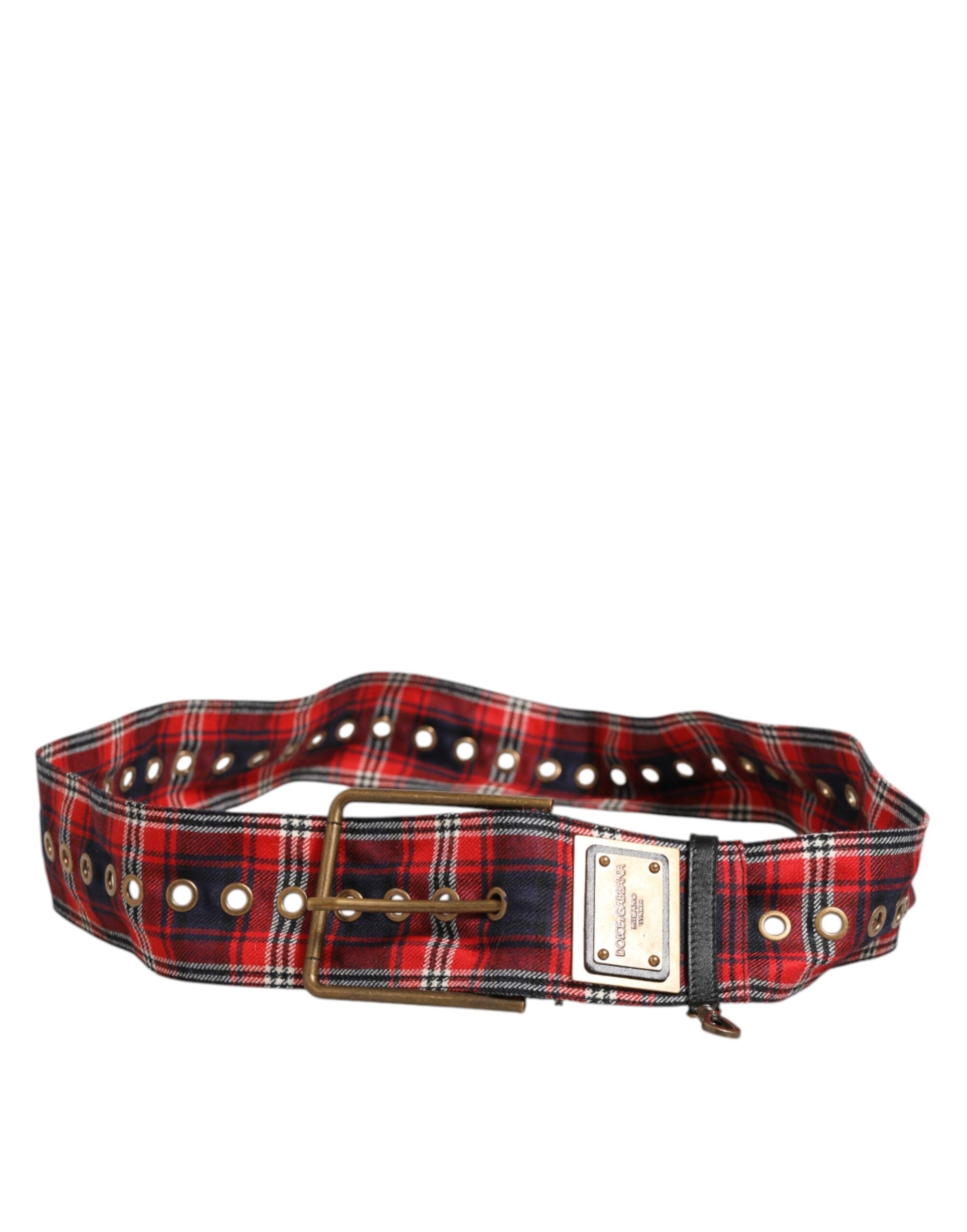 Red Plaid Fabric Logo Plate Brass Buckle Belt