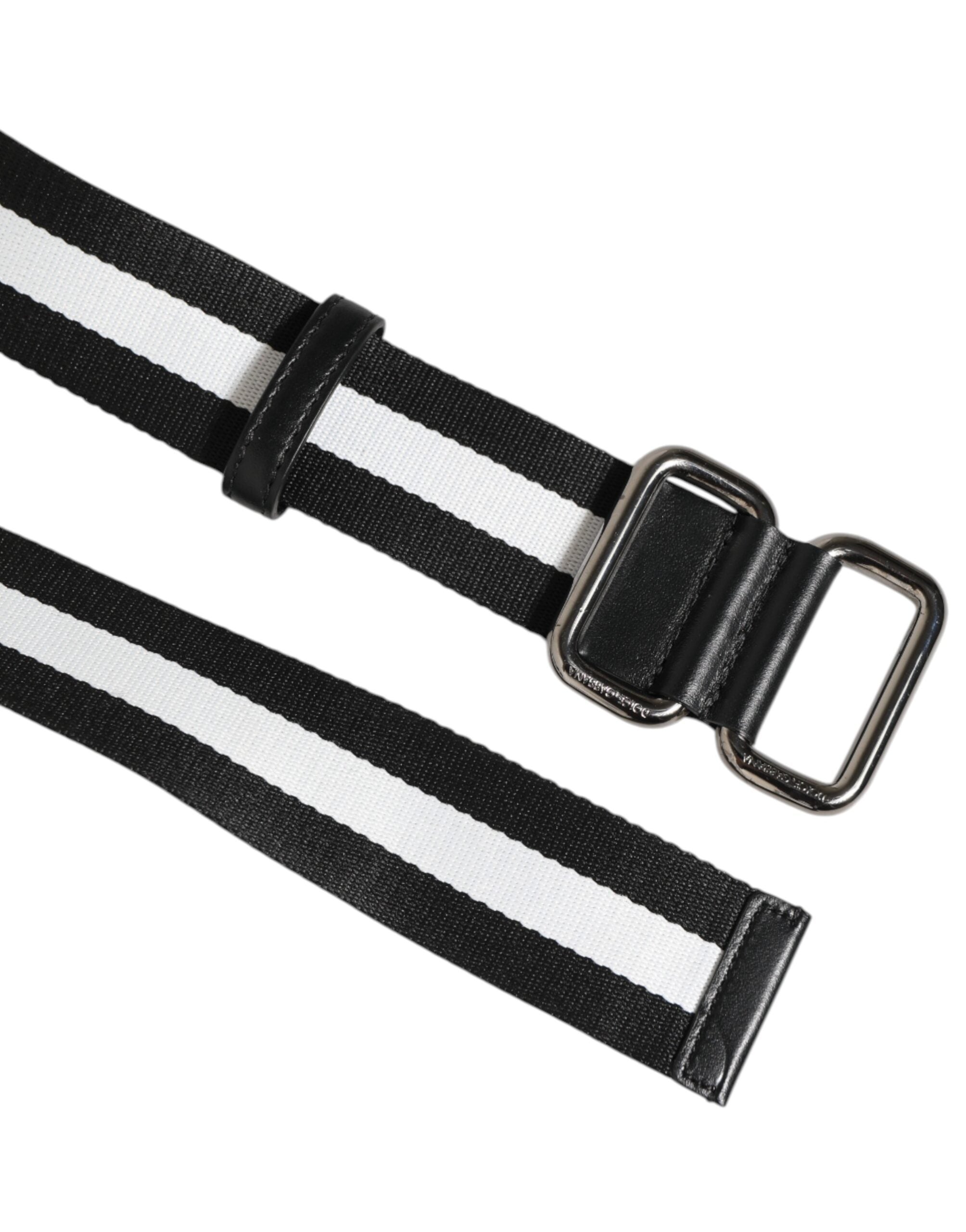 Black White Striped Logo Metal Buckle Belt