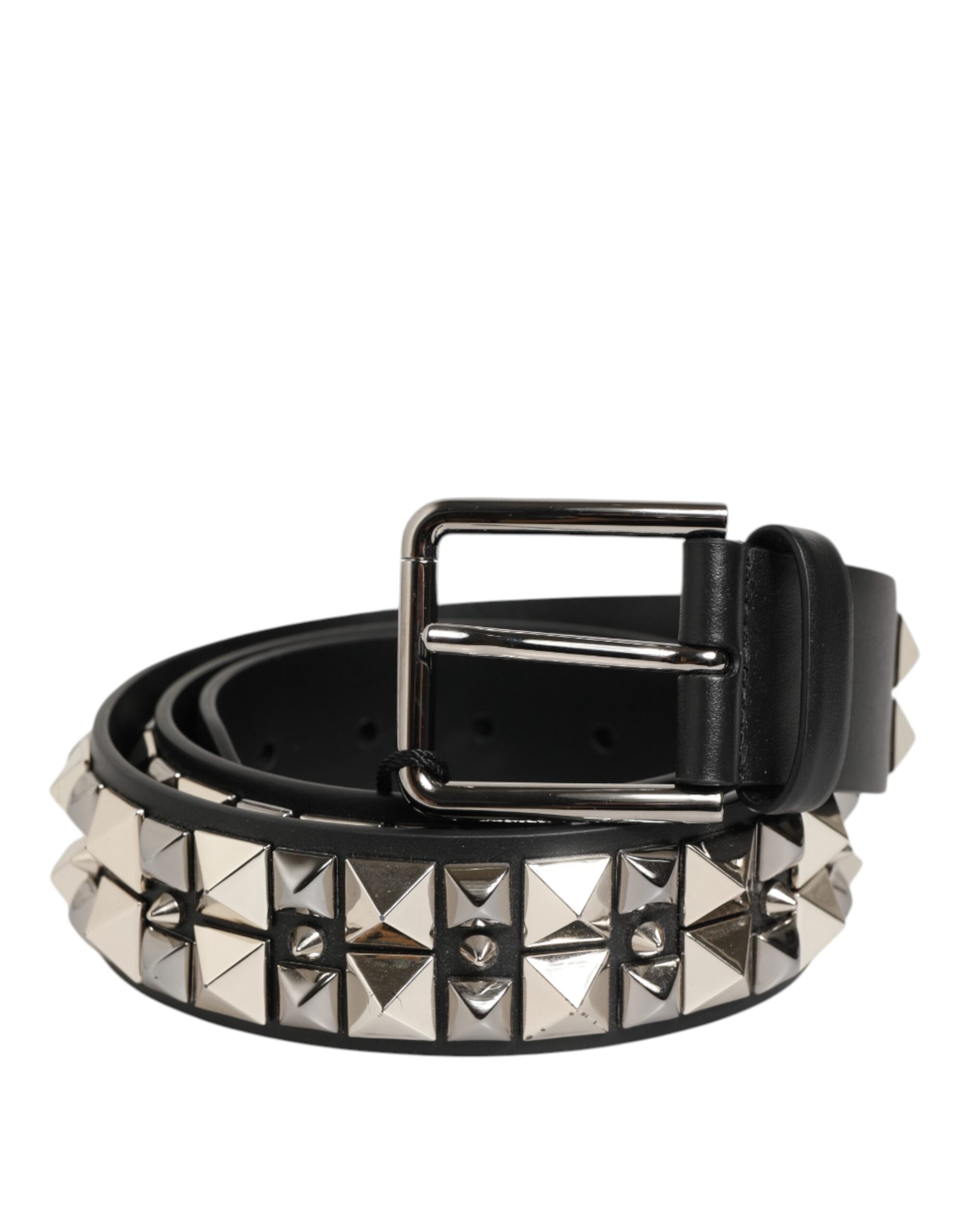 Black Calf Leather Studded Silver Buckle Belt