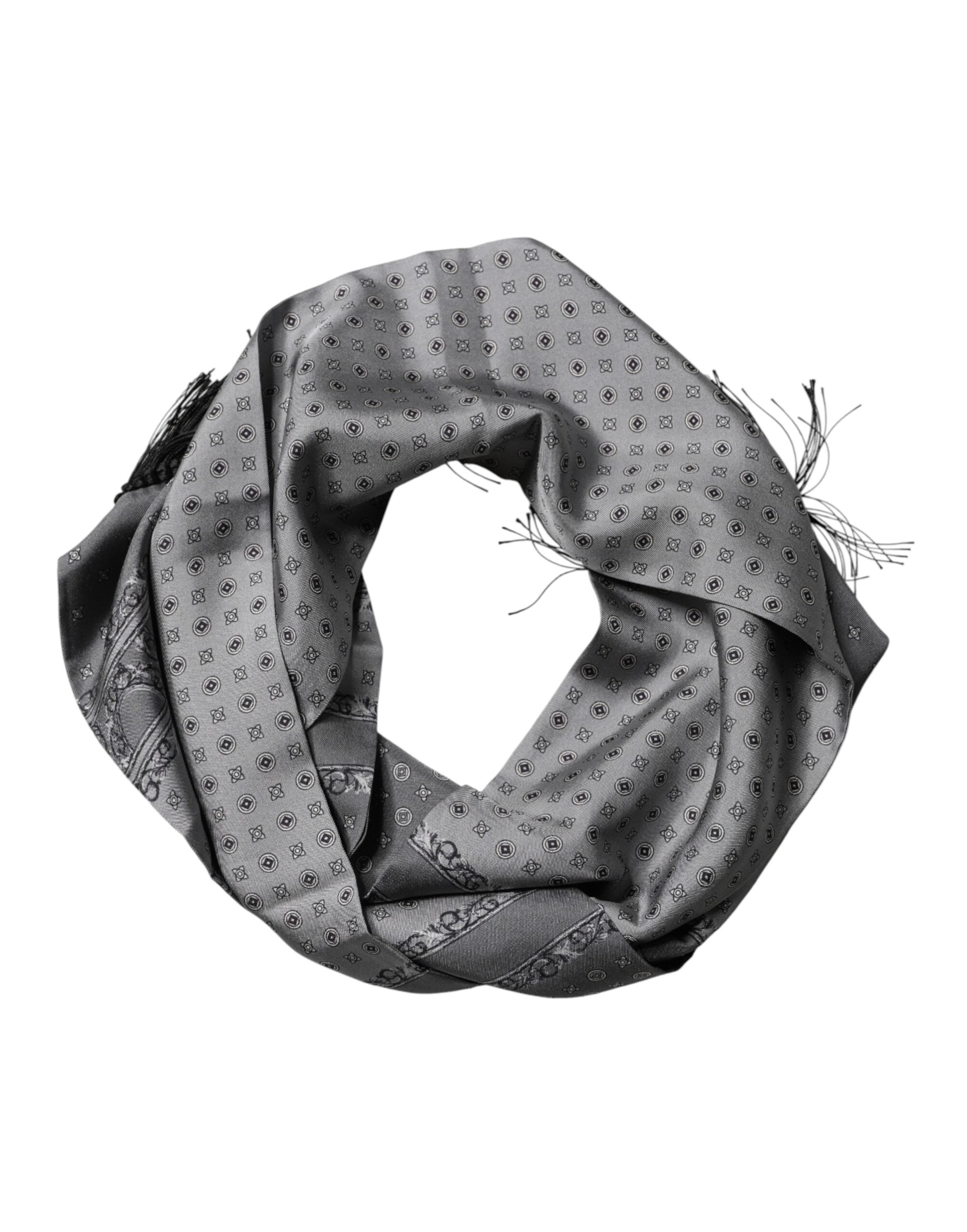 Gray Patterned Fringes Neck Foulard Scarf