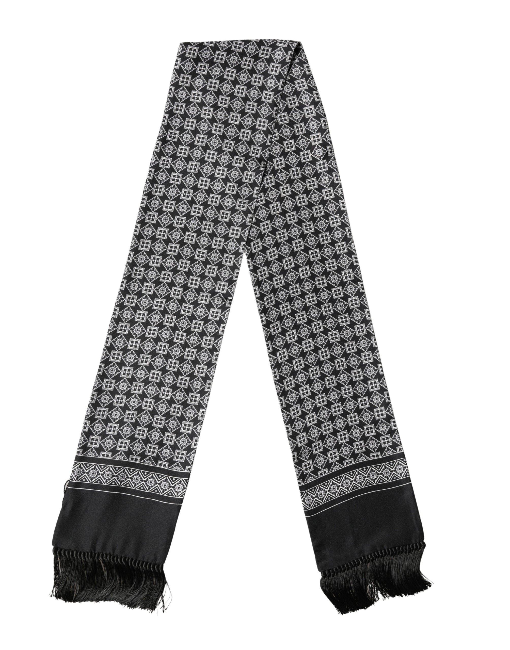 Black White Silk Geometric Neck Wrap 142cm X 15cm Scarf