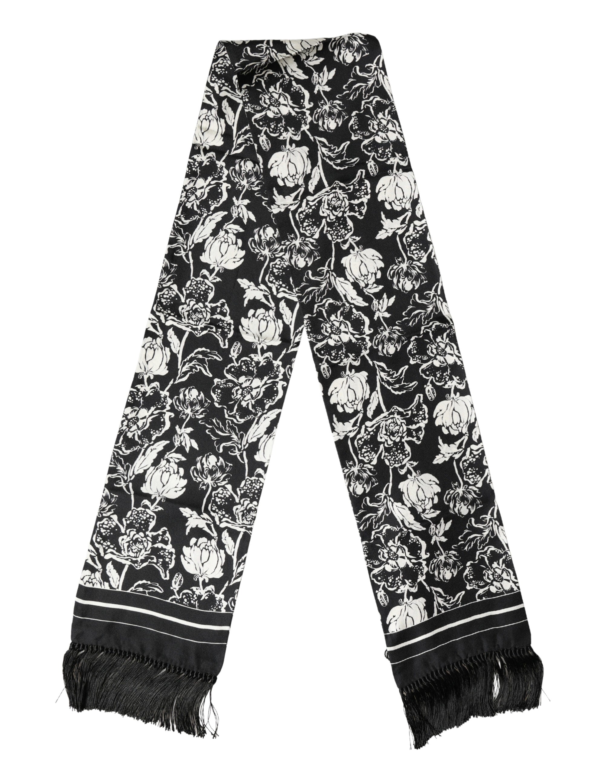 Black White Silk Floral Print Fringe 136cm X 15.5cm  Scarf