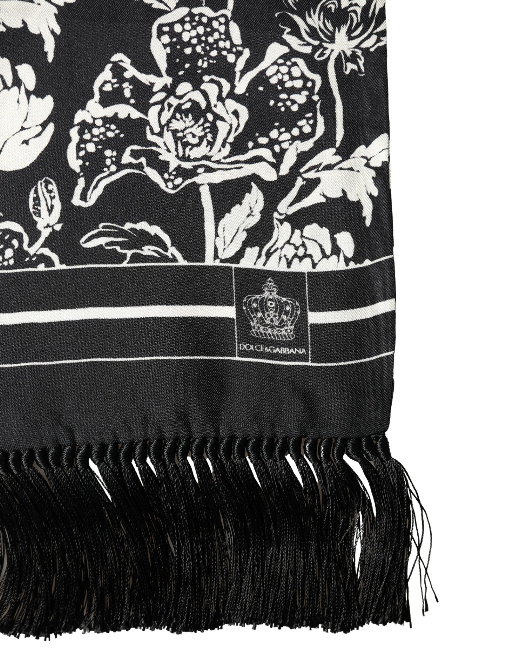 Black White Silk Floral Print Fringe 136cm X 15.5cm  Scarf