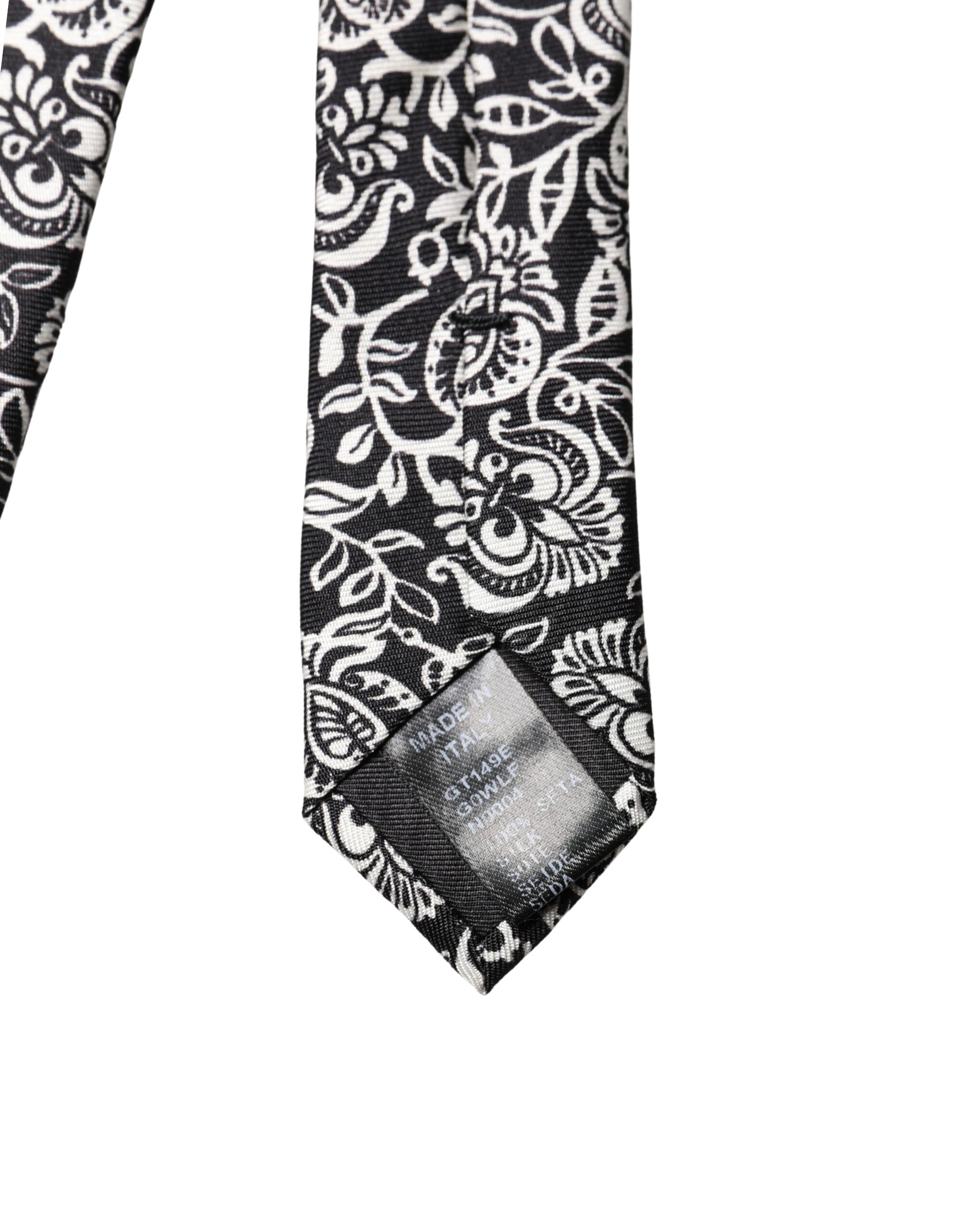Black White Floral Fantasy Silk Adjustable Necktie Tie