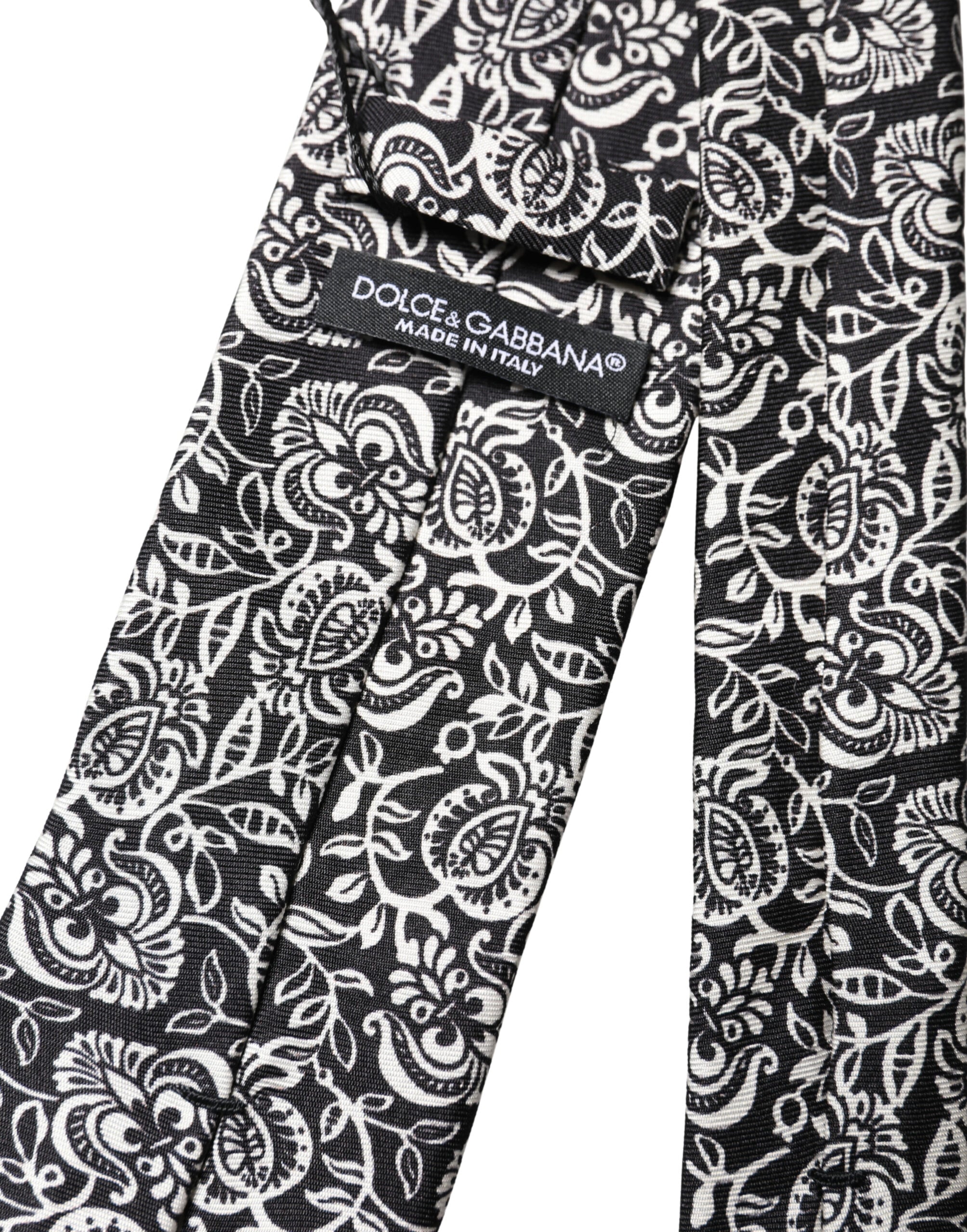 Black White Floral Fantasy Silk Adjustable Necktie Tie