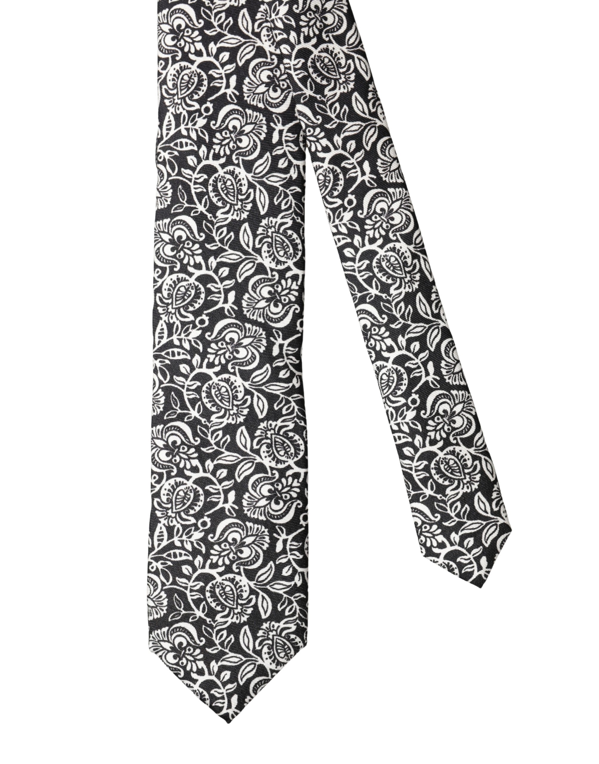 Black White Floral Fantasy Silk Adjustable Necktie Tie