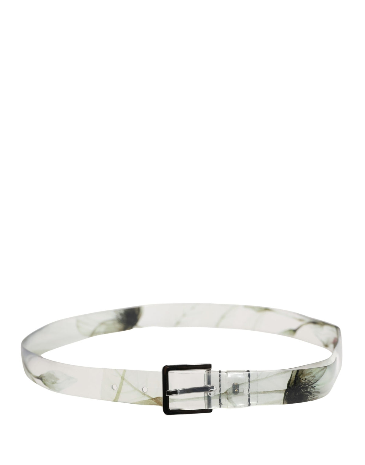 Men White Floral PVC Silver Metal Buckle Belt