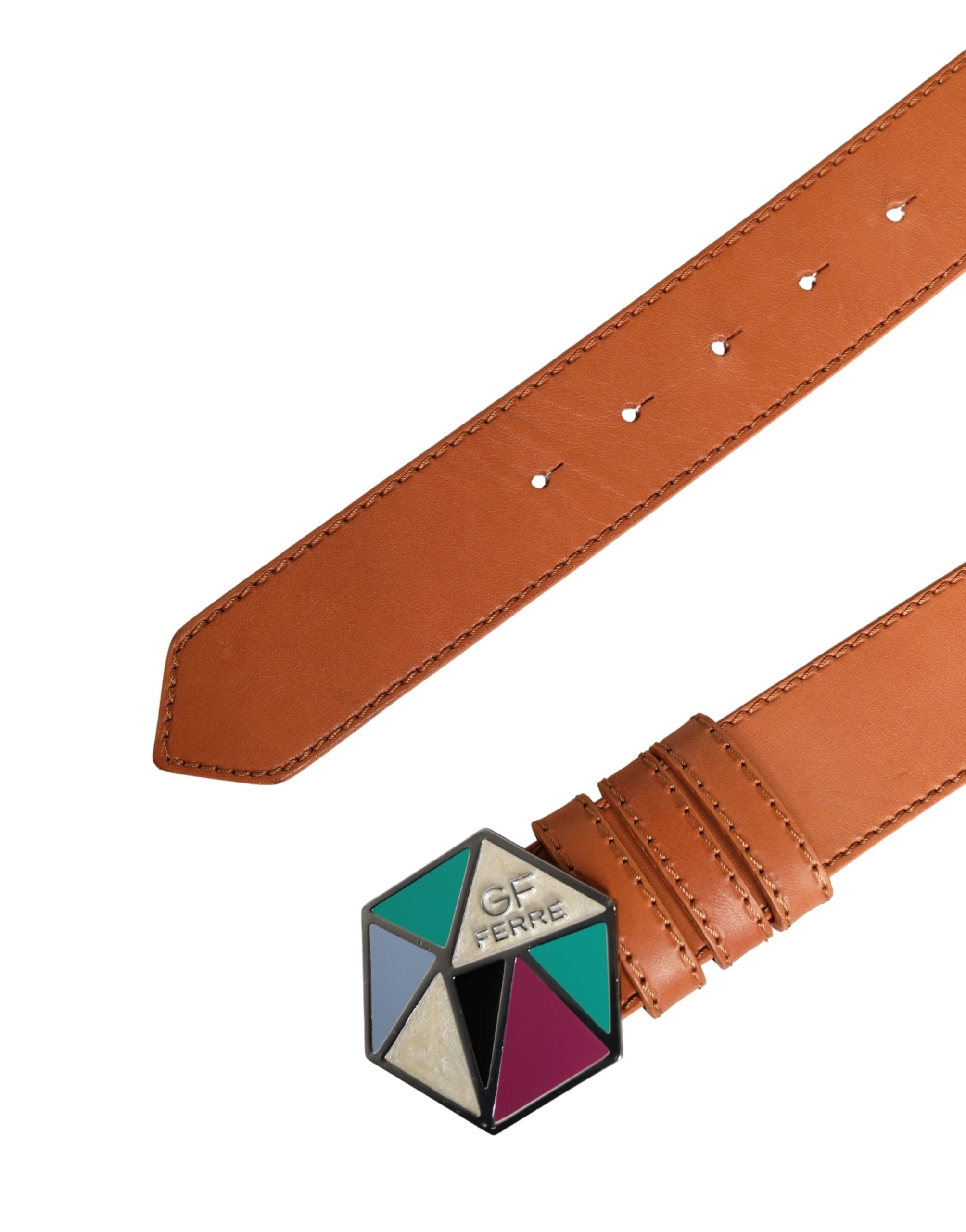 Orange Leather Hexagon Metal Buckle Waist Women Belt