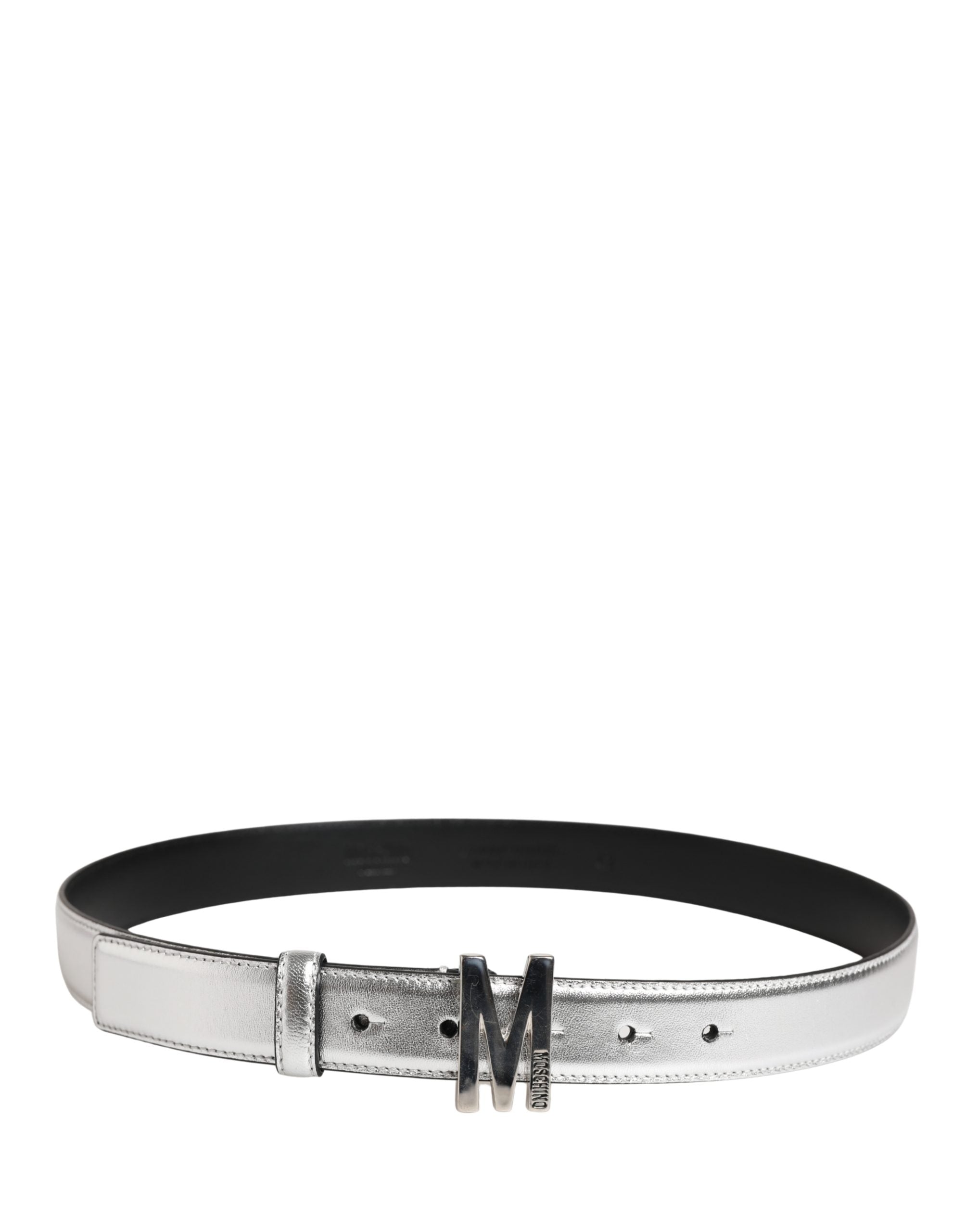 Silver Leather Logo Metal Buckle Waist Belt