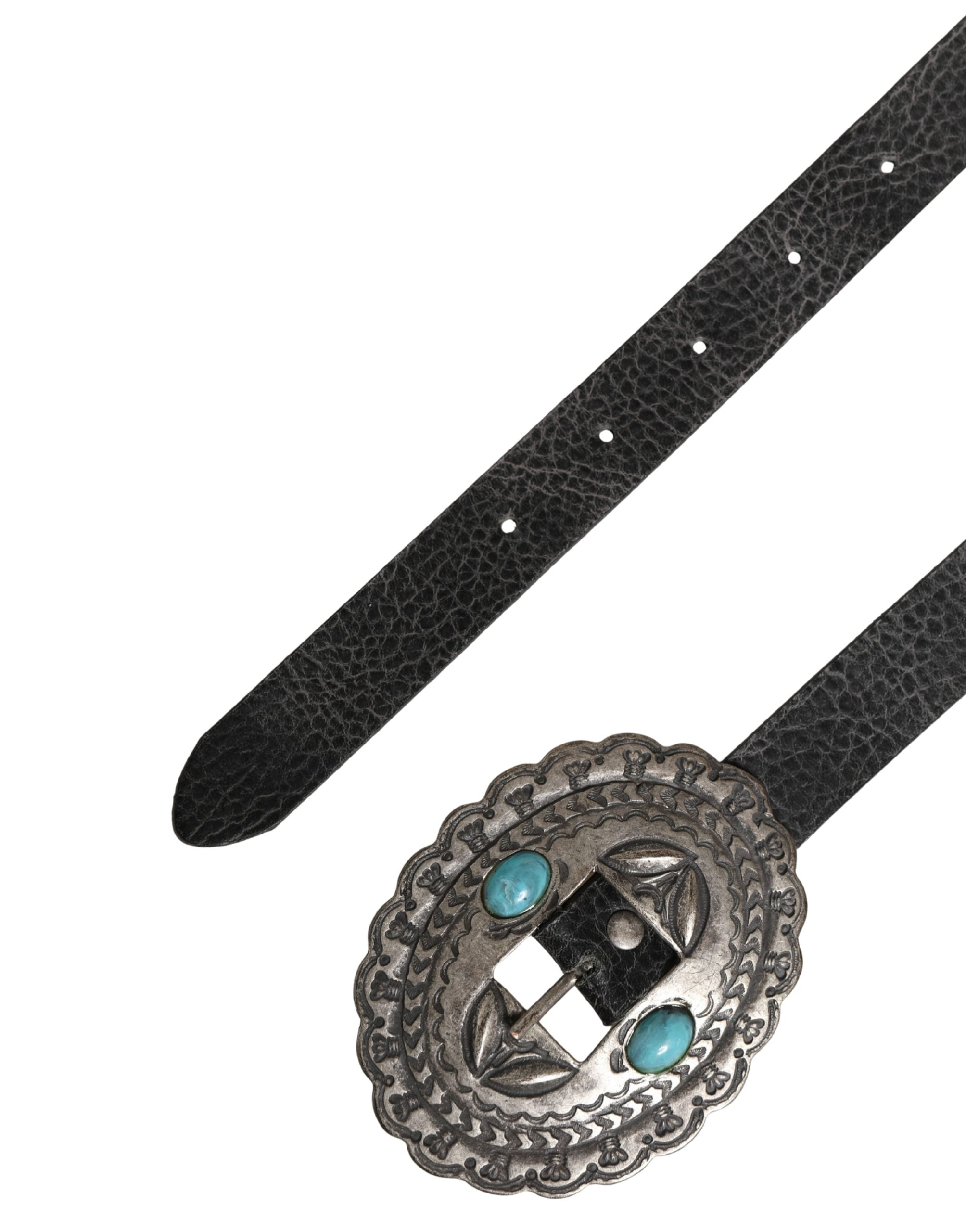 Black Turquoise Leather Embellished Oval Buckle Belt