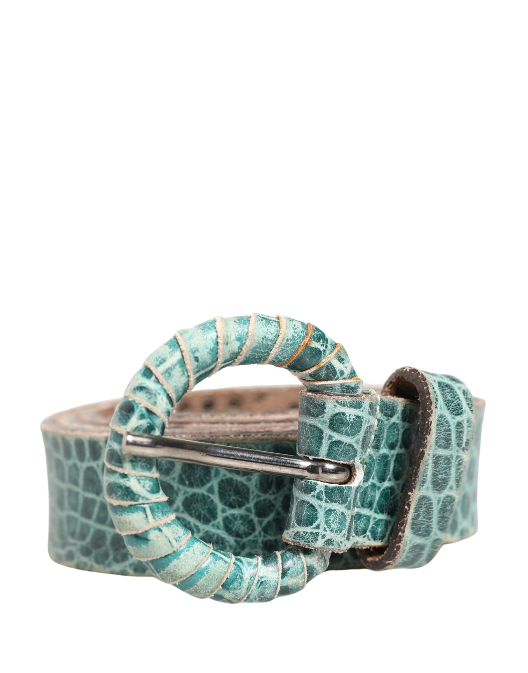 Women Green Leather Croco Print Studded Belt