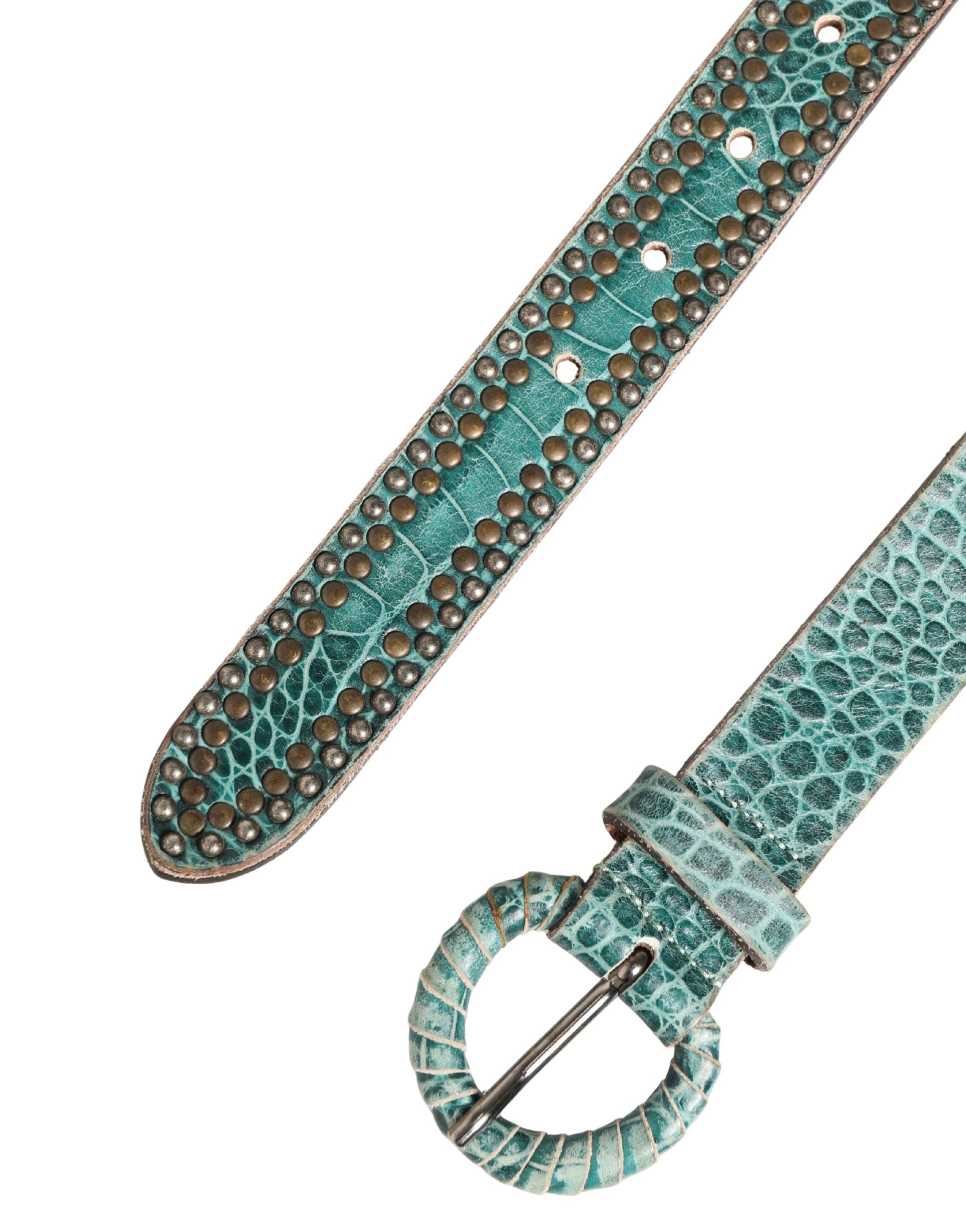 Women Green Leather Croco Print Studded Belt