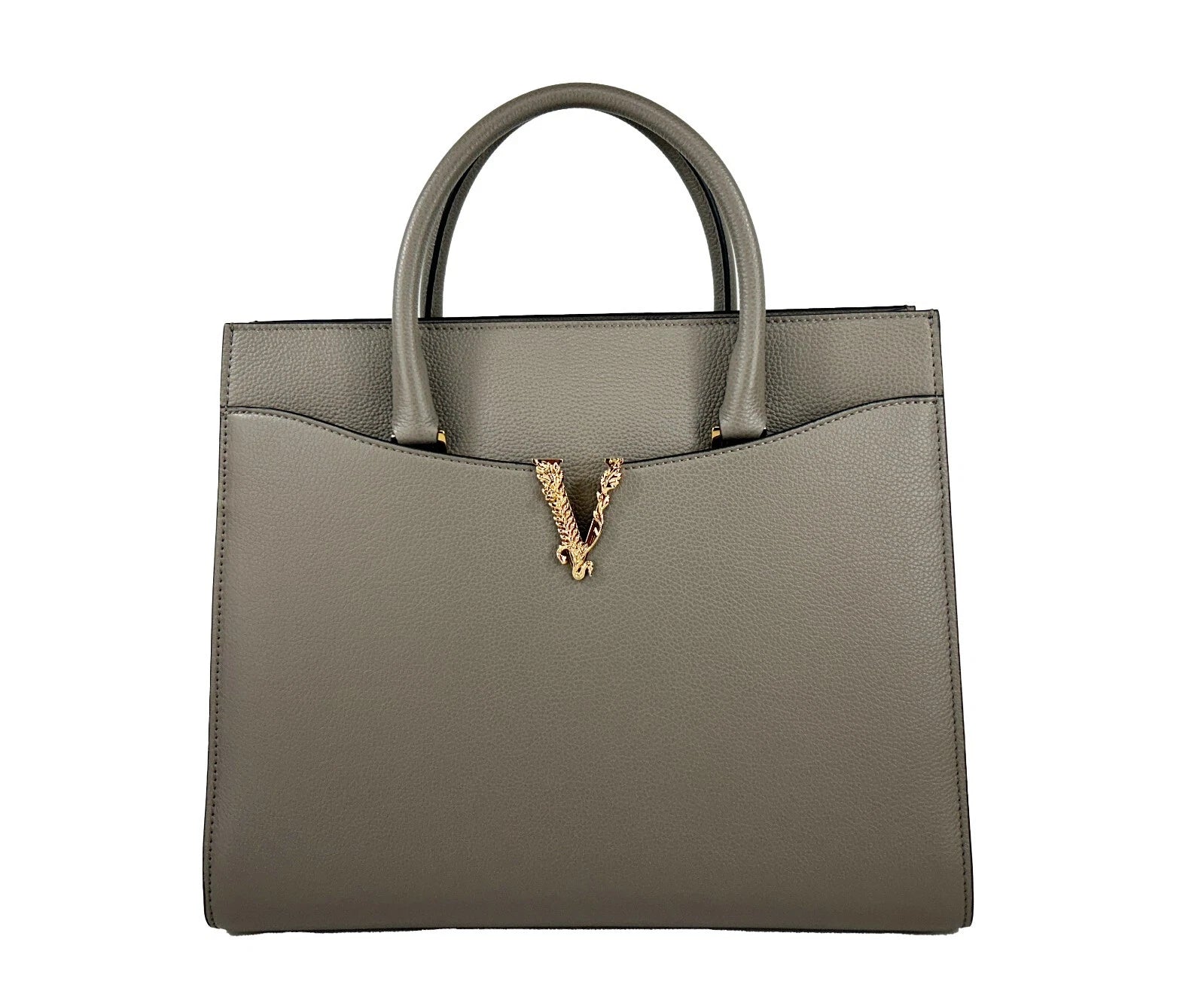 Versace Virtus Large Leather Top Handle Satchel Bag Tote Gray