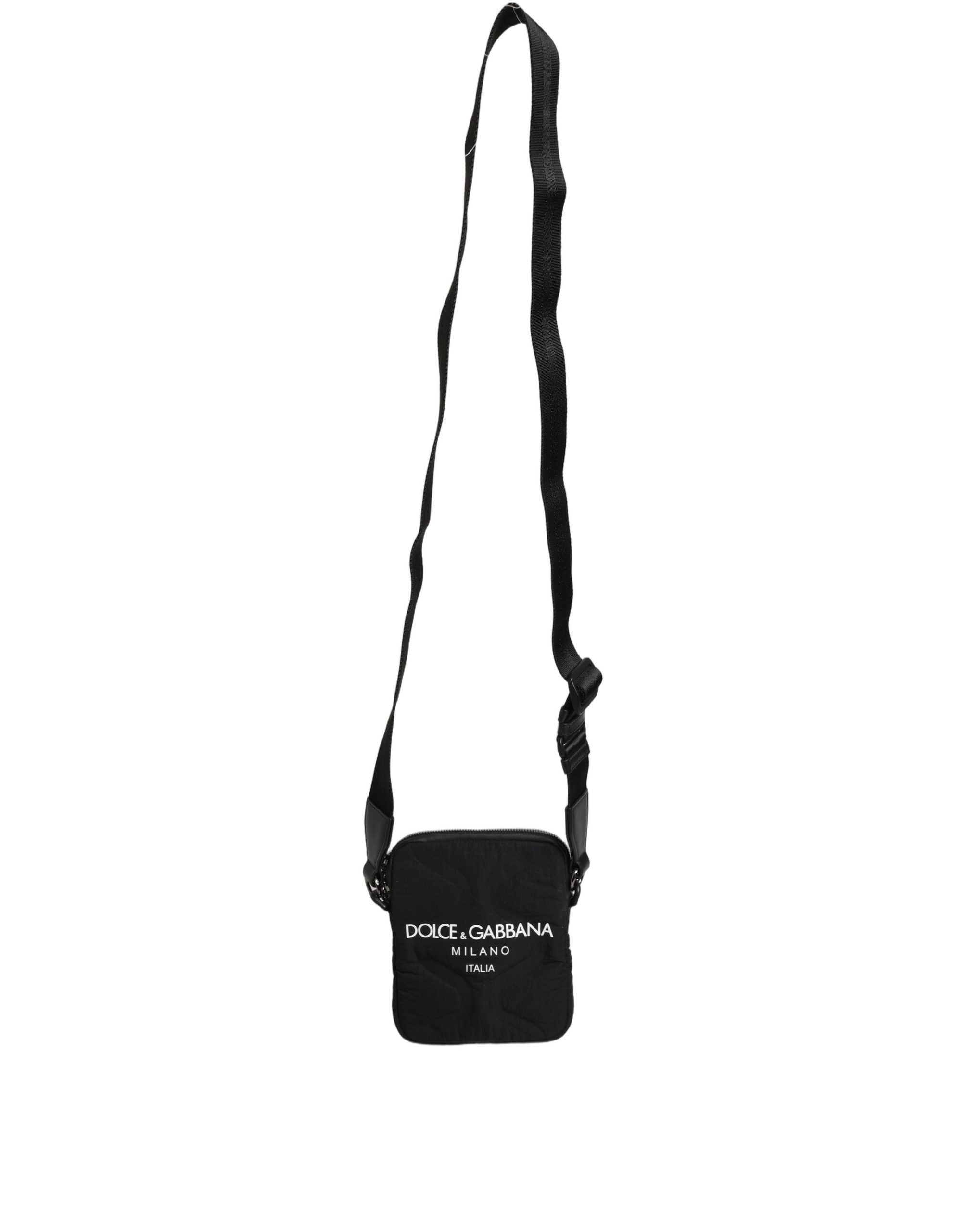 Black Nylon Rubberized Logo Print Crossbody Borse Bag