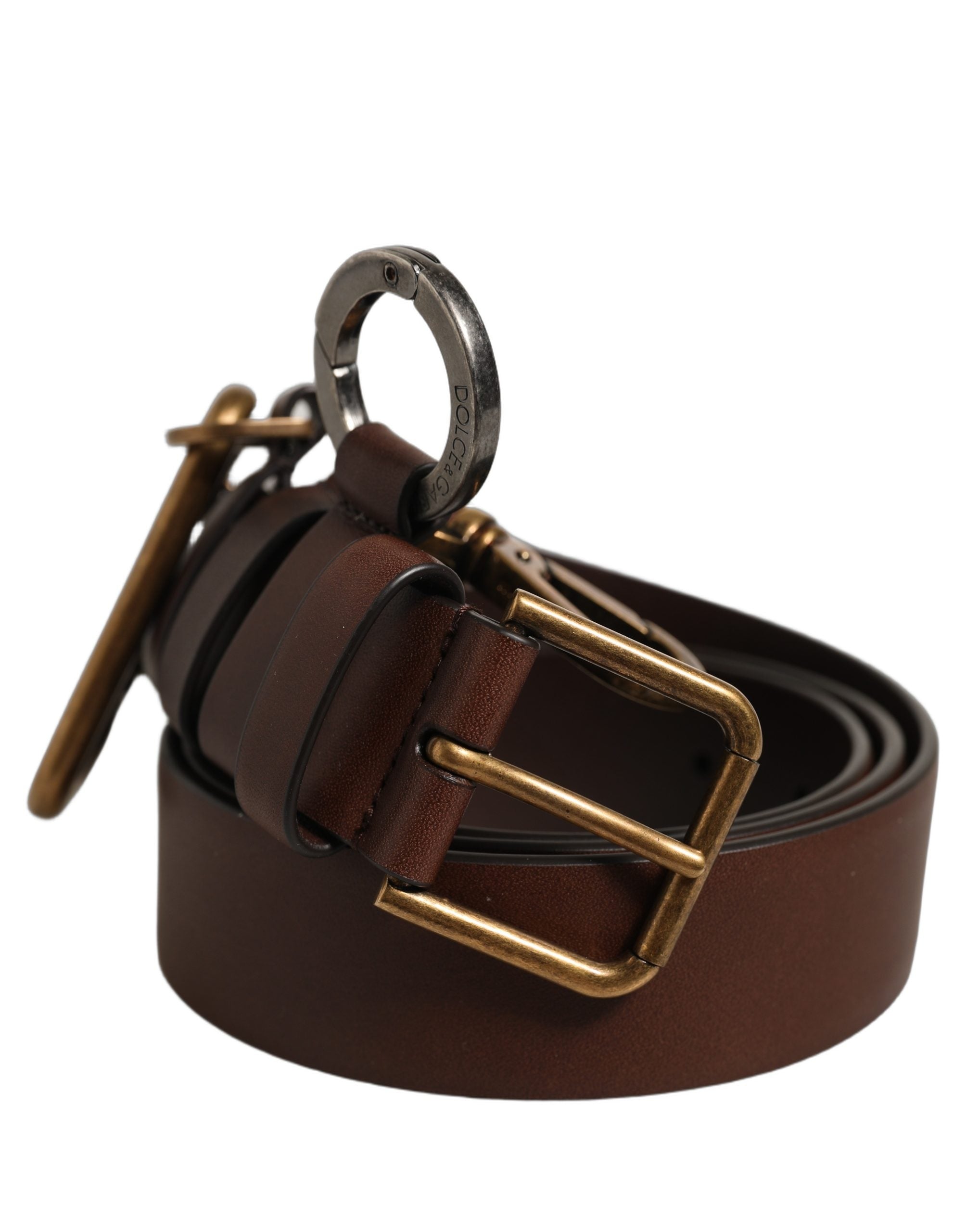 Men Brown Leather Gold Buckle Carabine Belt