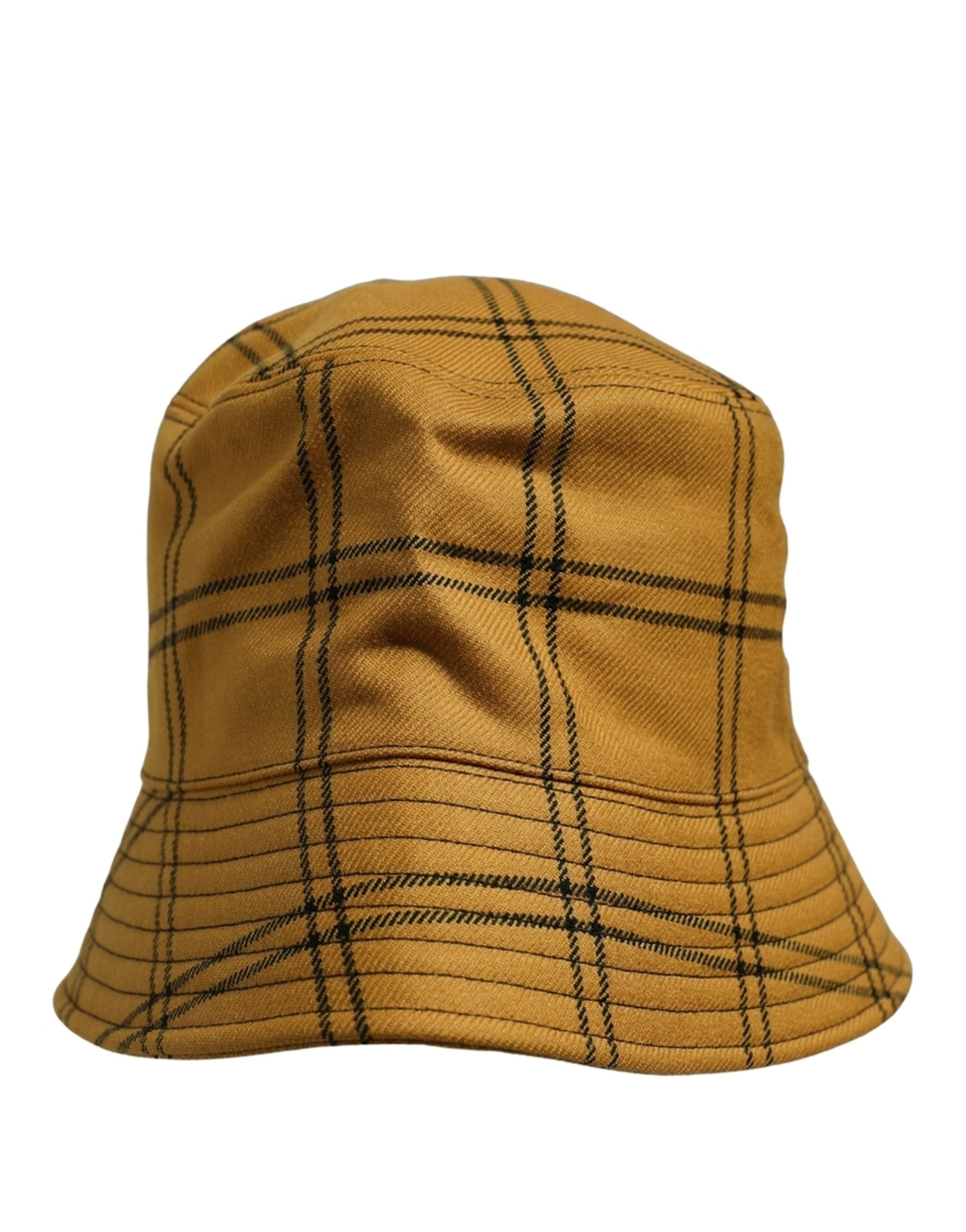 Men Dark Yellow Check Wide Brim Bucket Cap Hat