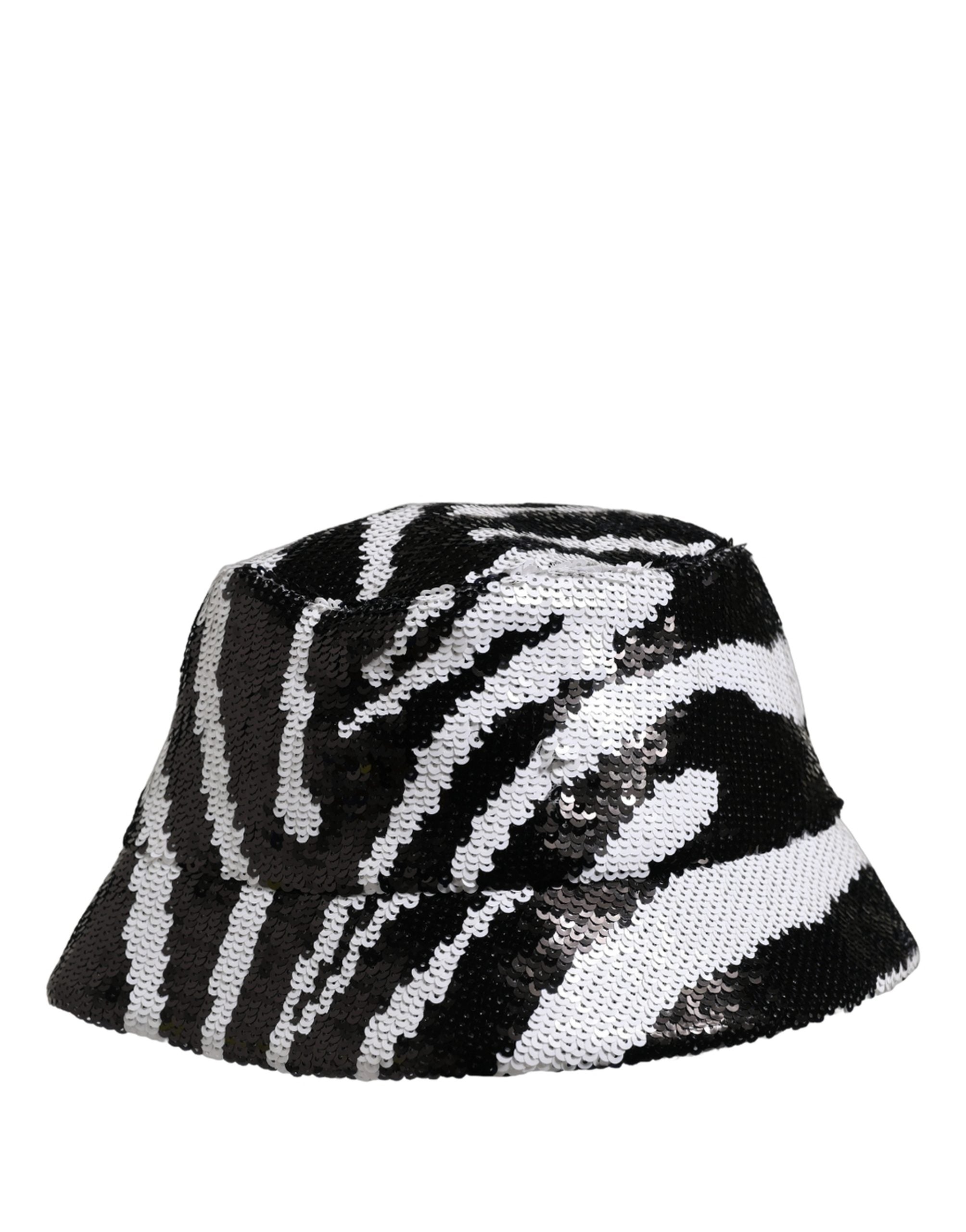 Men Black White Zebra Sequin Bucket Cap Hat