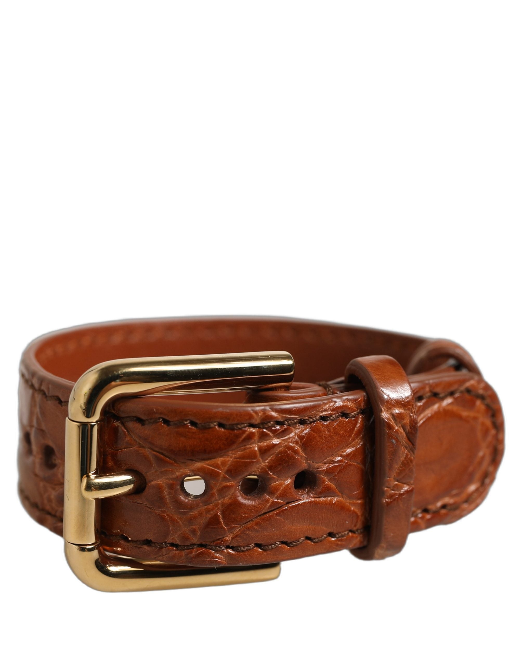 Brown Textured Leather Gold Buckle Belt Strap Bracelet