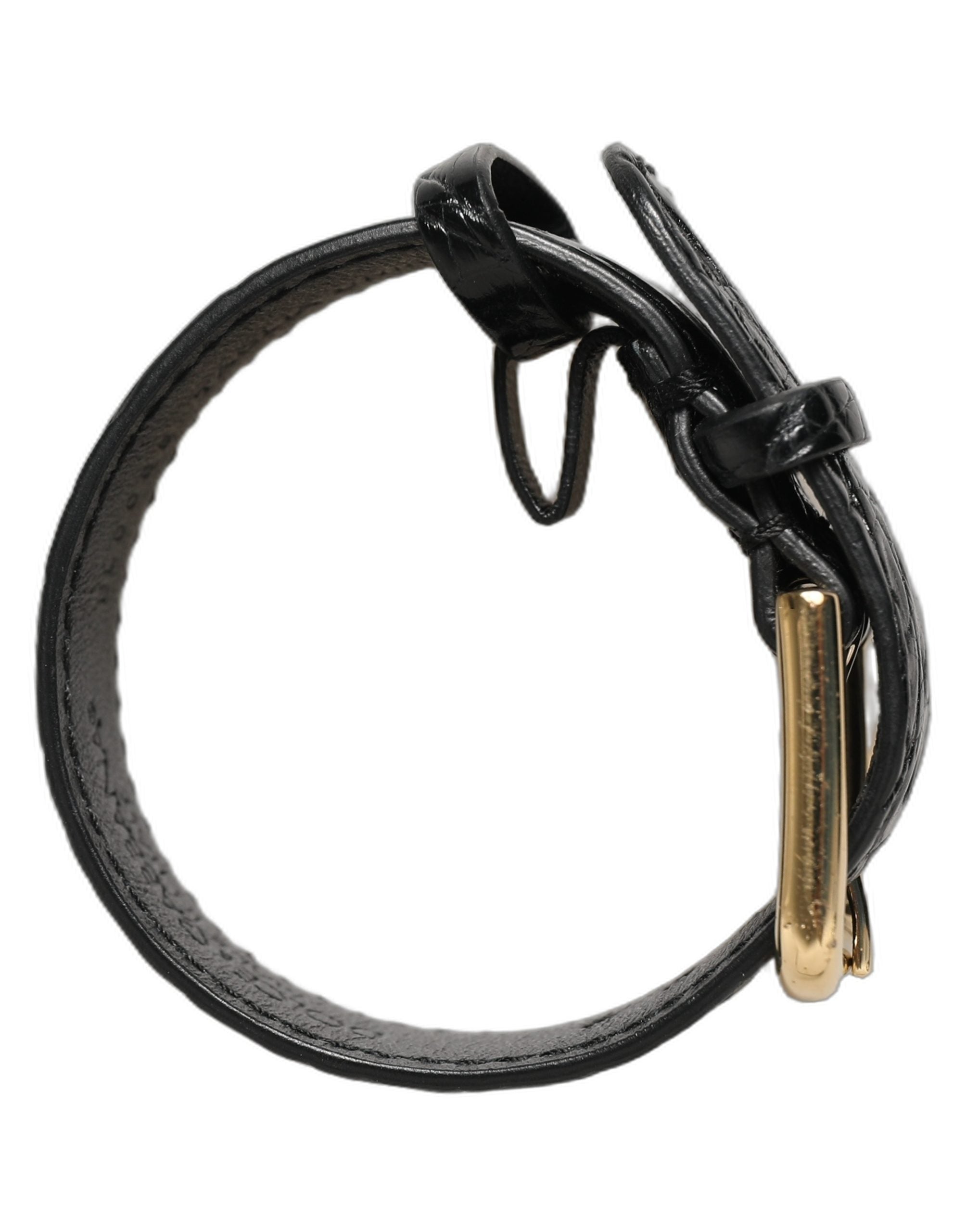 Black Textured Leather Gold Buckle Belt Strap Bracelet