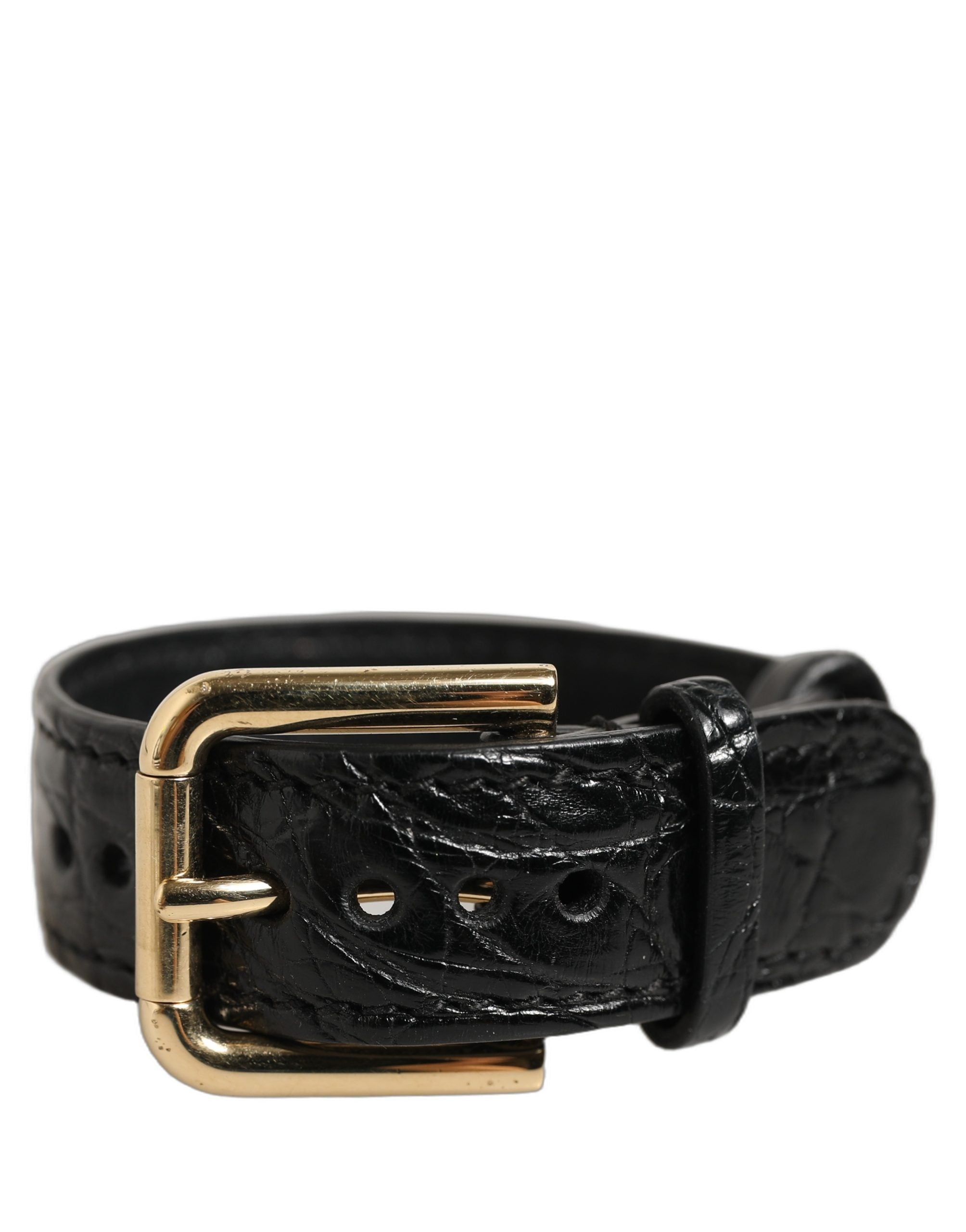 Black Textured Leather Gold Buckle Belt Strap Bracelet