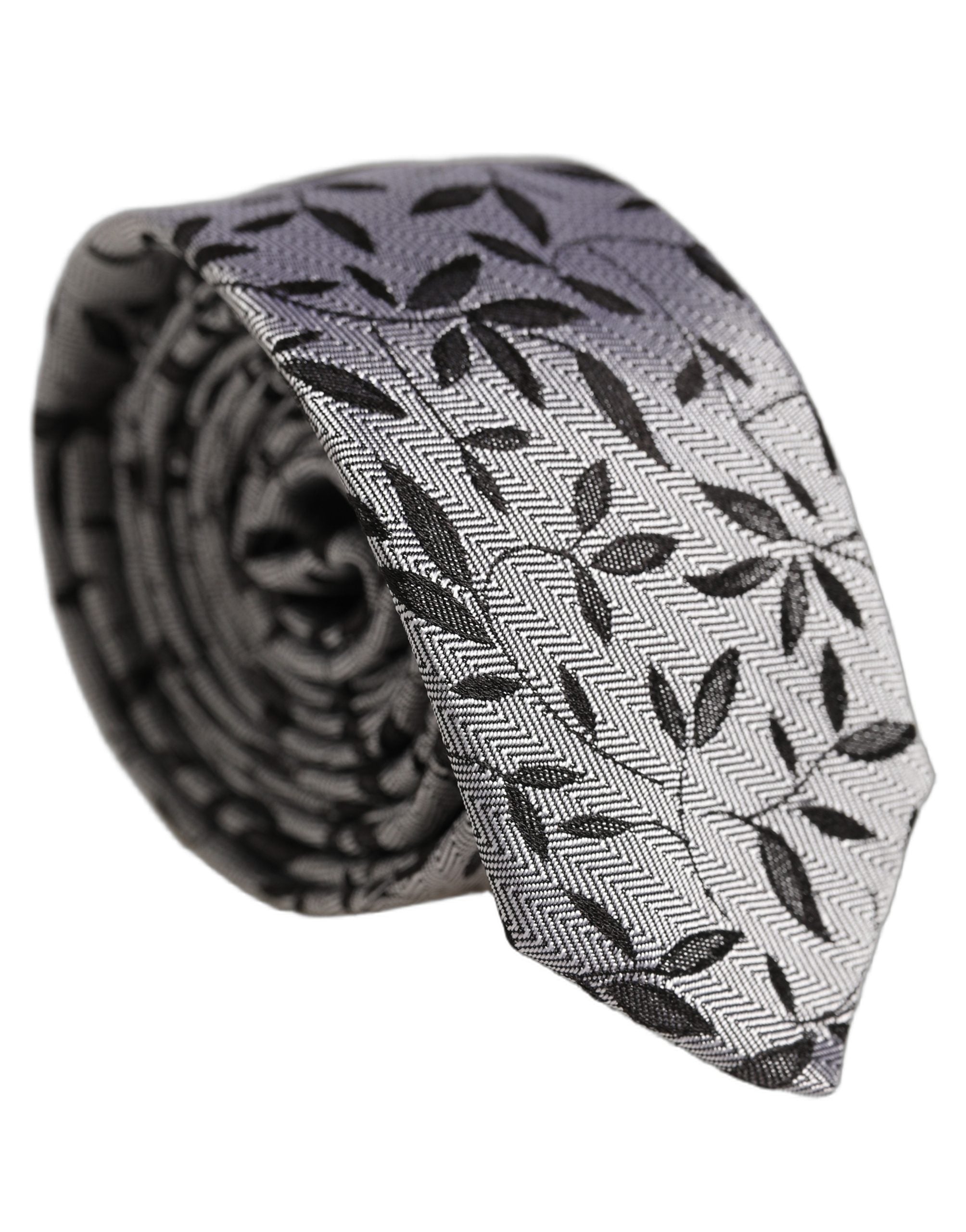 Men Gray Leaf Pattern Silk Adjustable Tied Necktie Tie