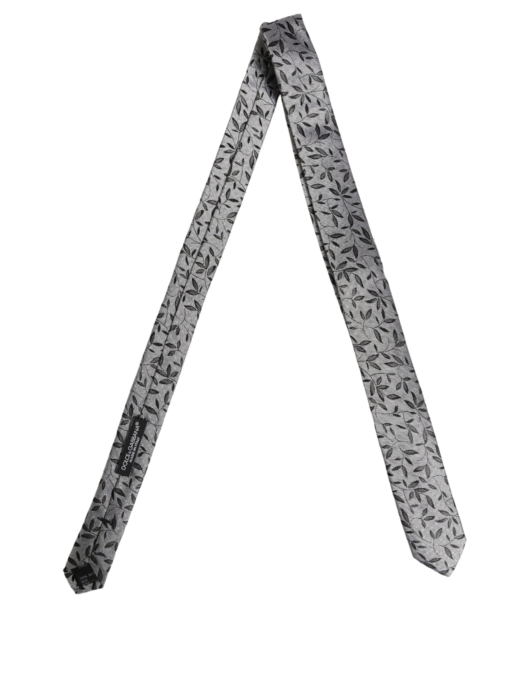 Men Gray Leaf Pattern Silk Adjustable Tied Necktie Tie