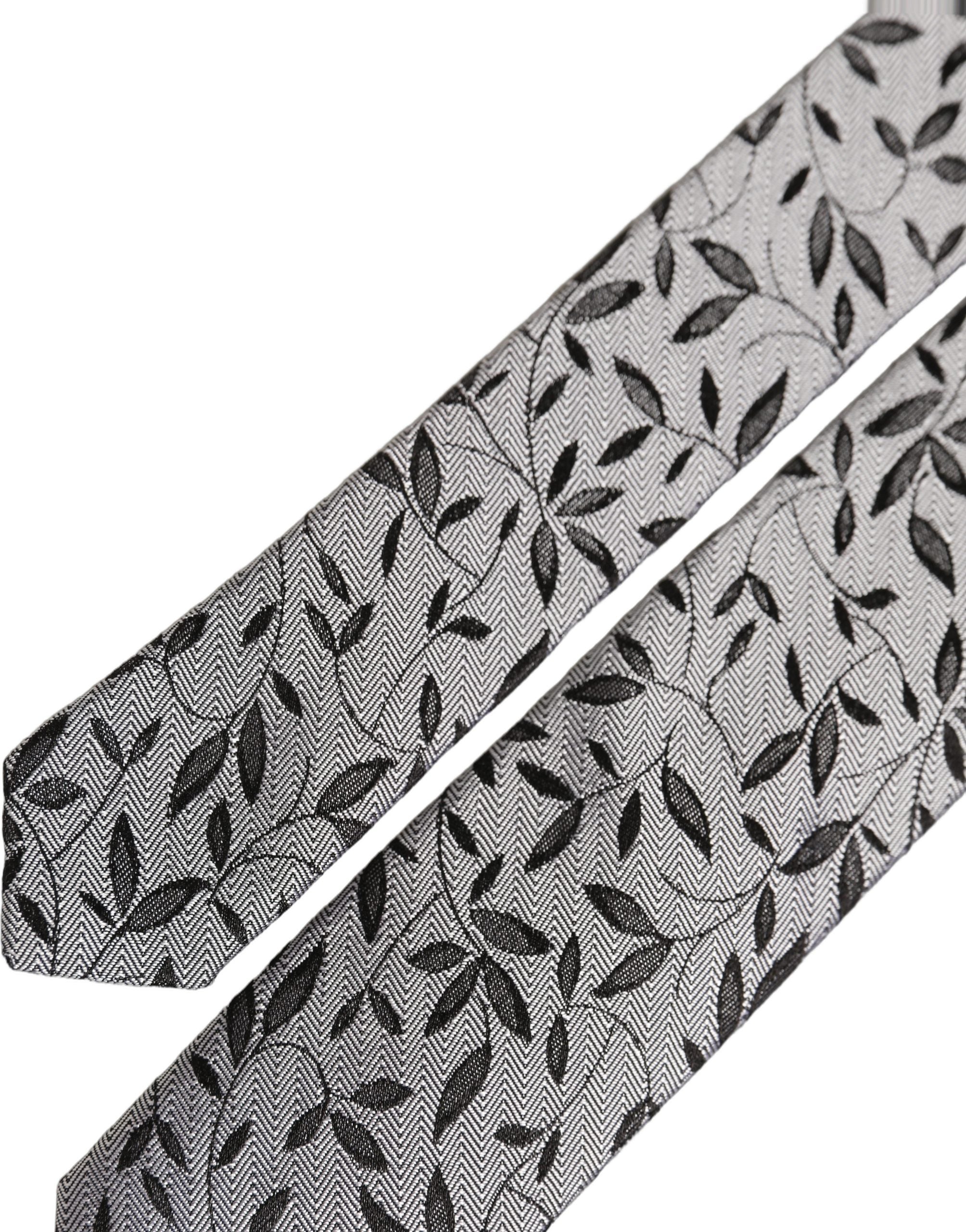 Men Gray Leaf Pattern Silk Adjustable Tied Necktie Tie
