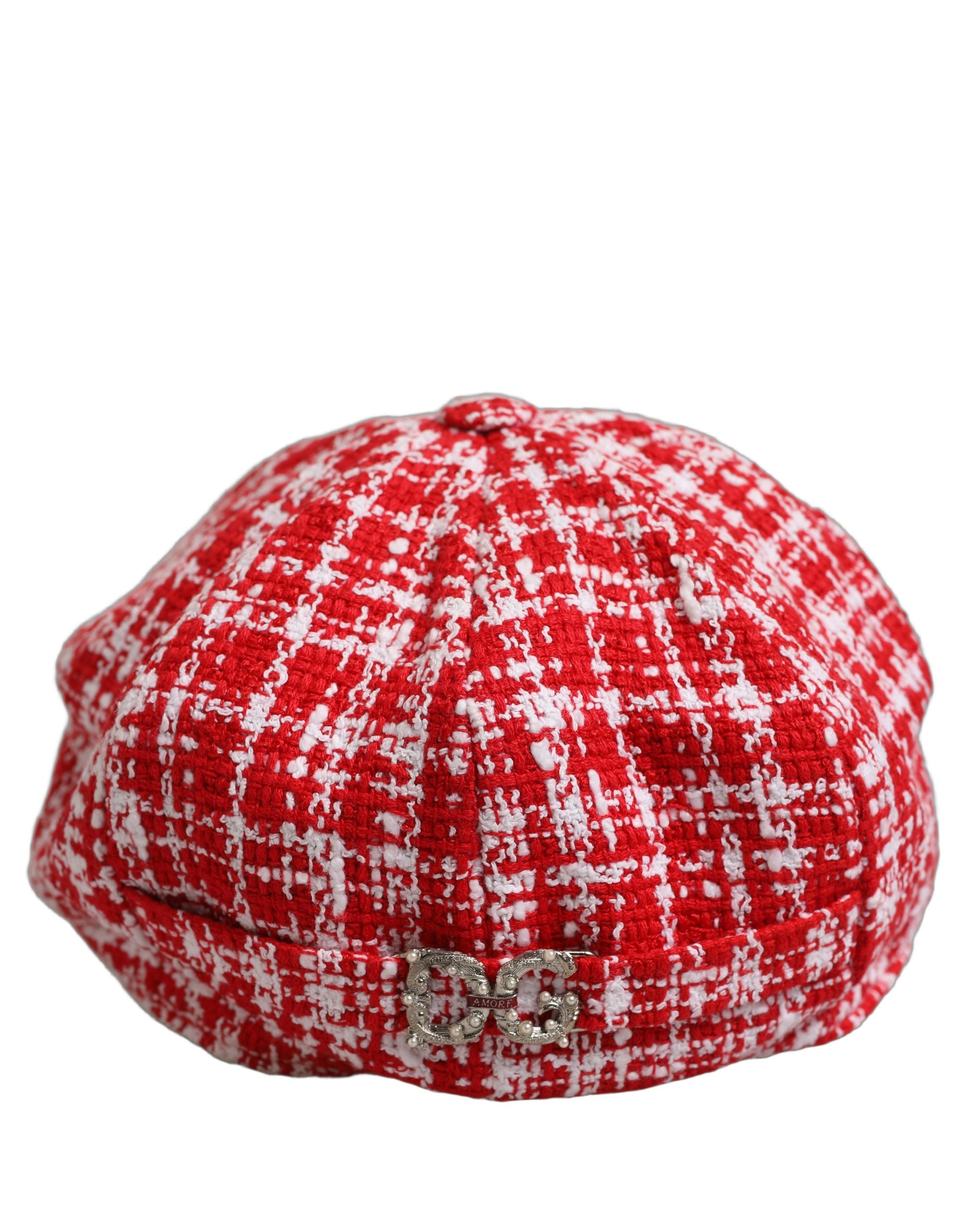 Red White Tweed Textured Baker Boy Capello Hat