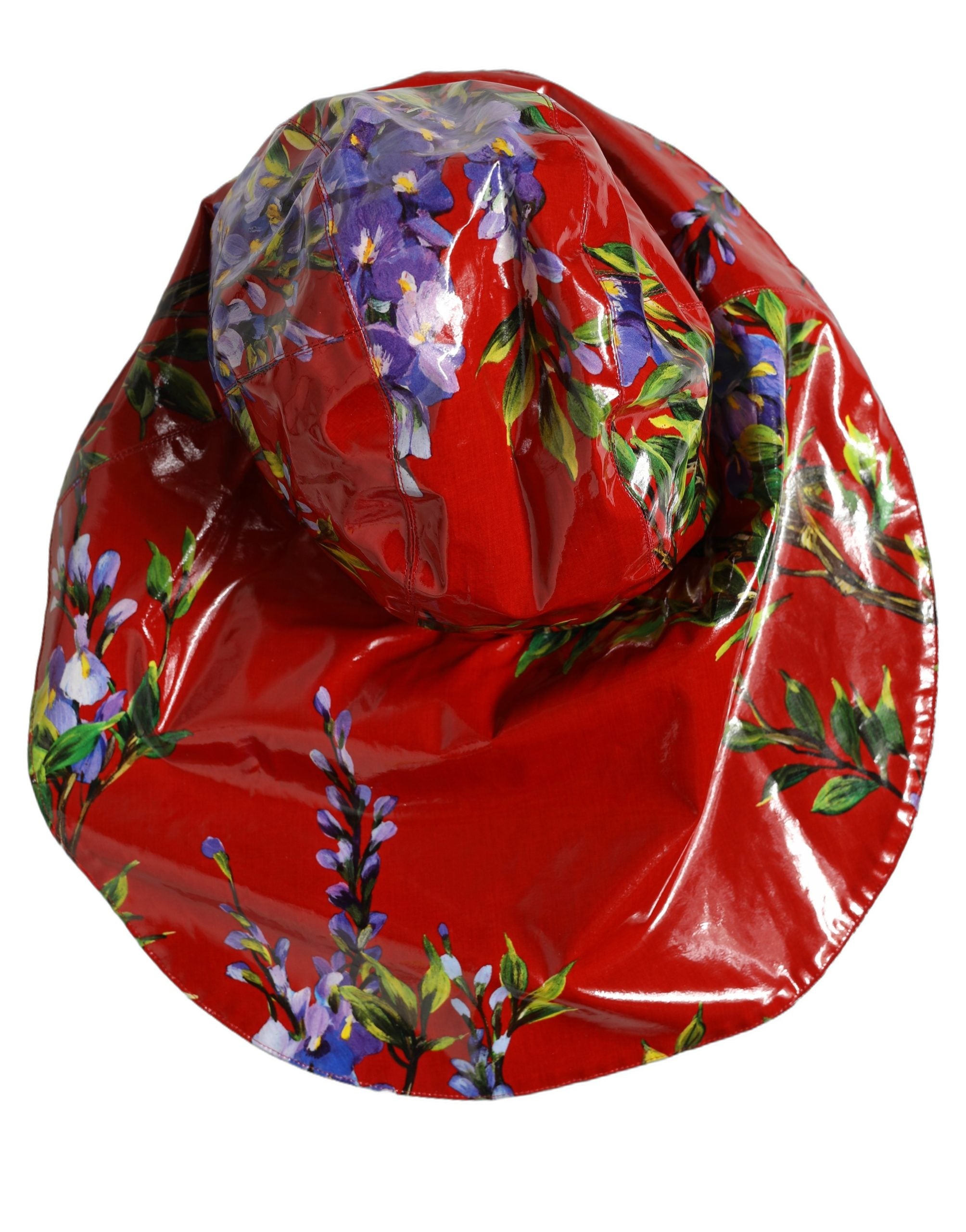 Glossy Red Floral Wide Brim Bucket Capello Hat