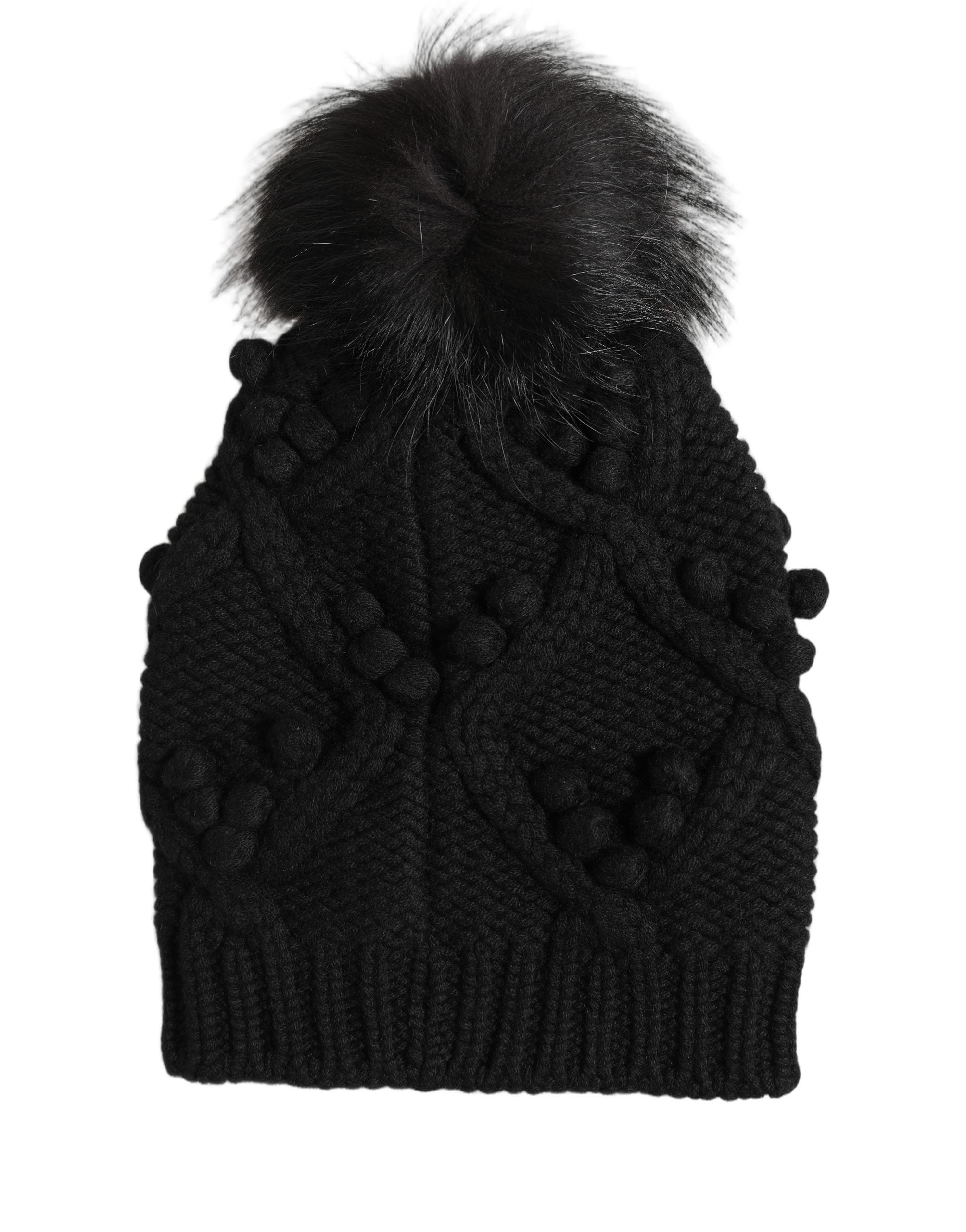 Black Cashmere Knitted Fur Pom-Pom Beanie One Size Hat
