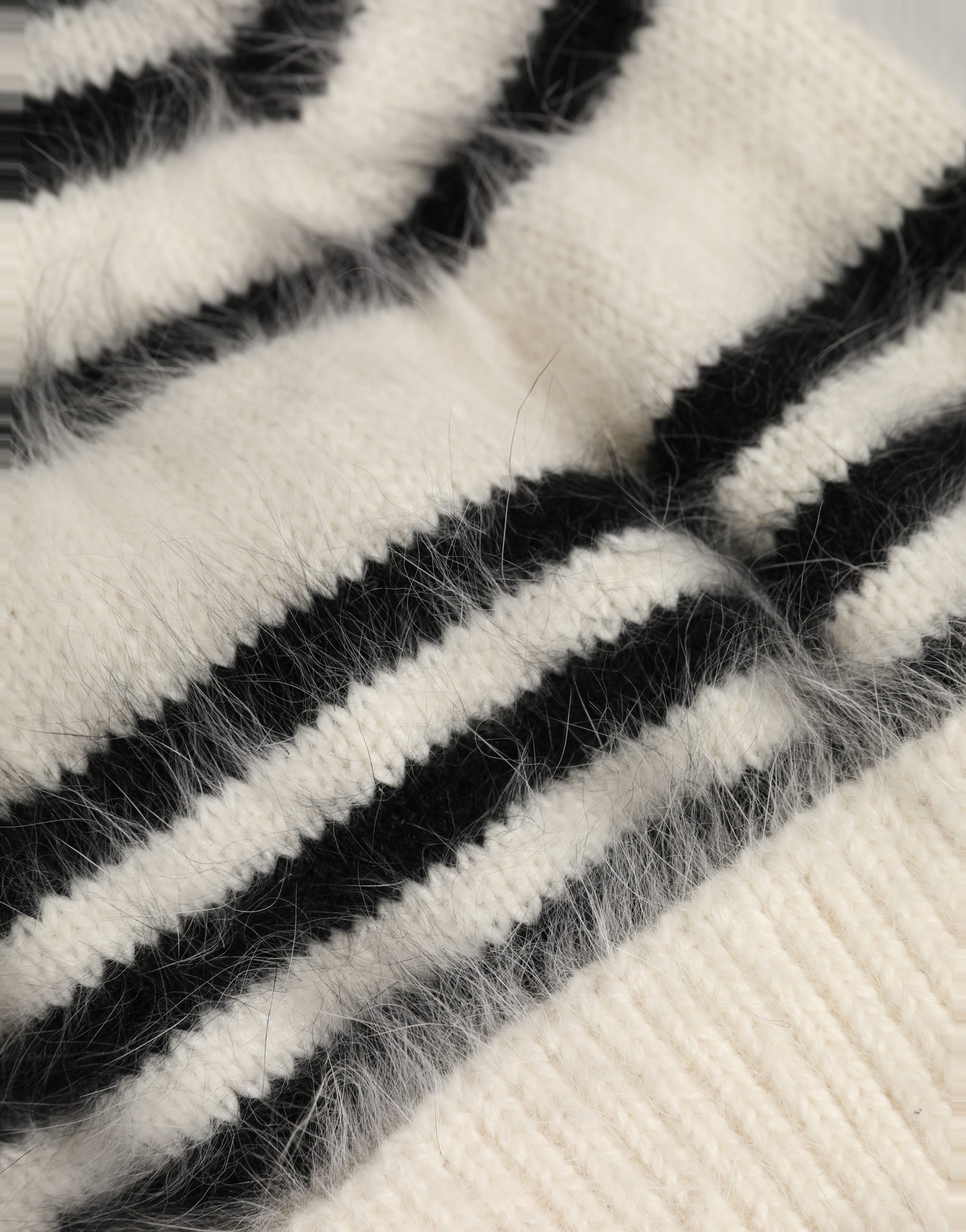 Black White Striped Angora Knitted Beanie One Size Hat