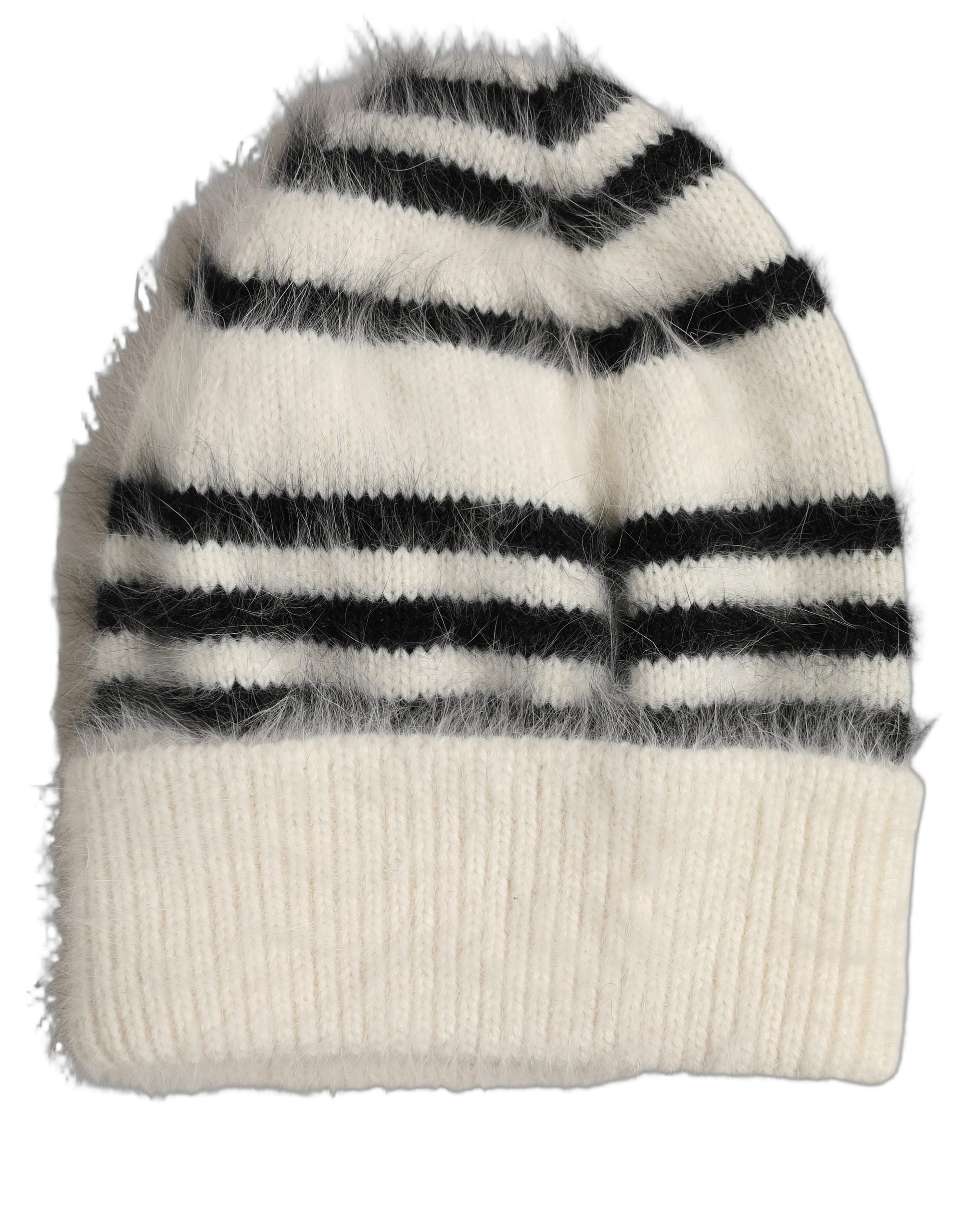 Black White Striped Angora Knitted Beanie One Size Hat