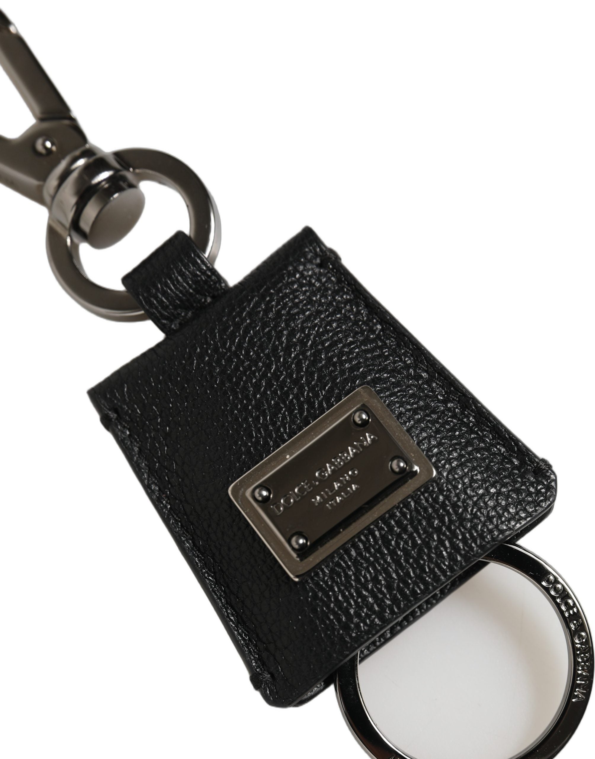 Black Dauphine Leather Silver Metal Logo Plaque Keyring