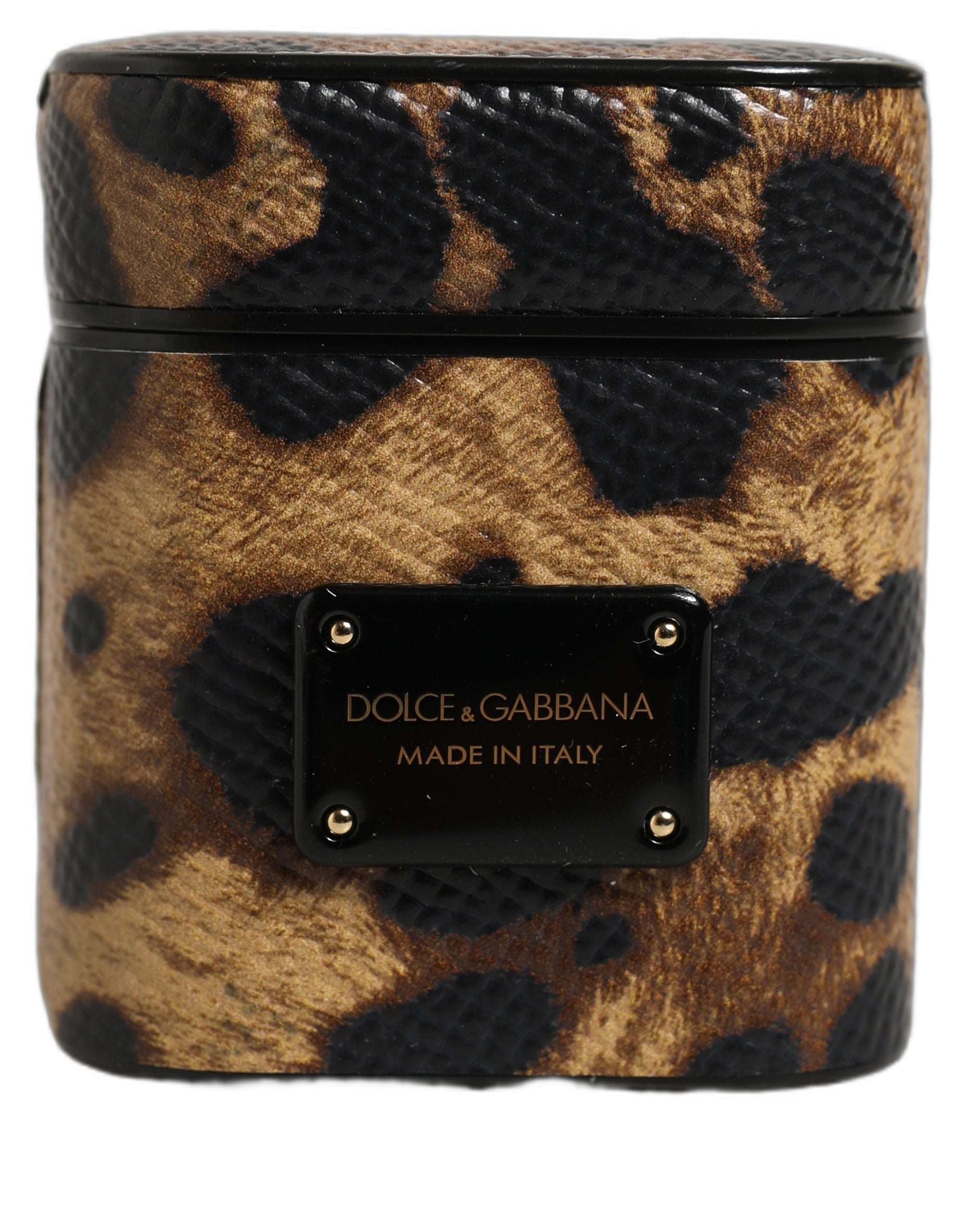Brown Leopard Calf Leather Metal Logo Plaque Airpods Case