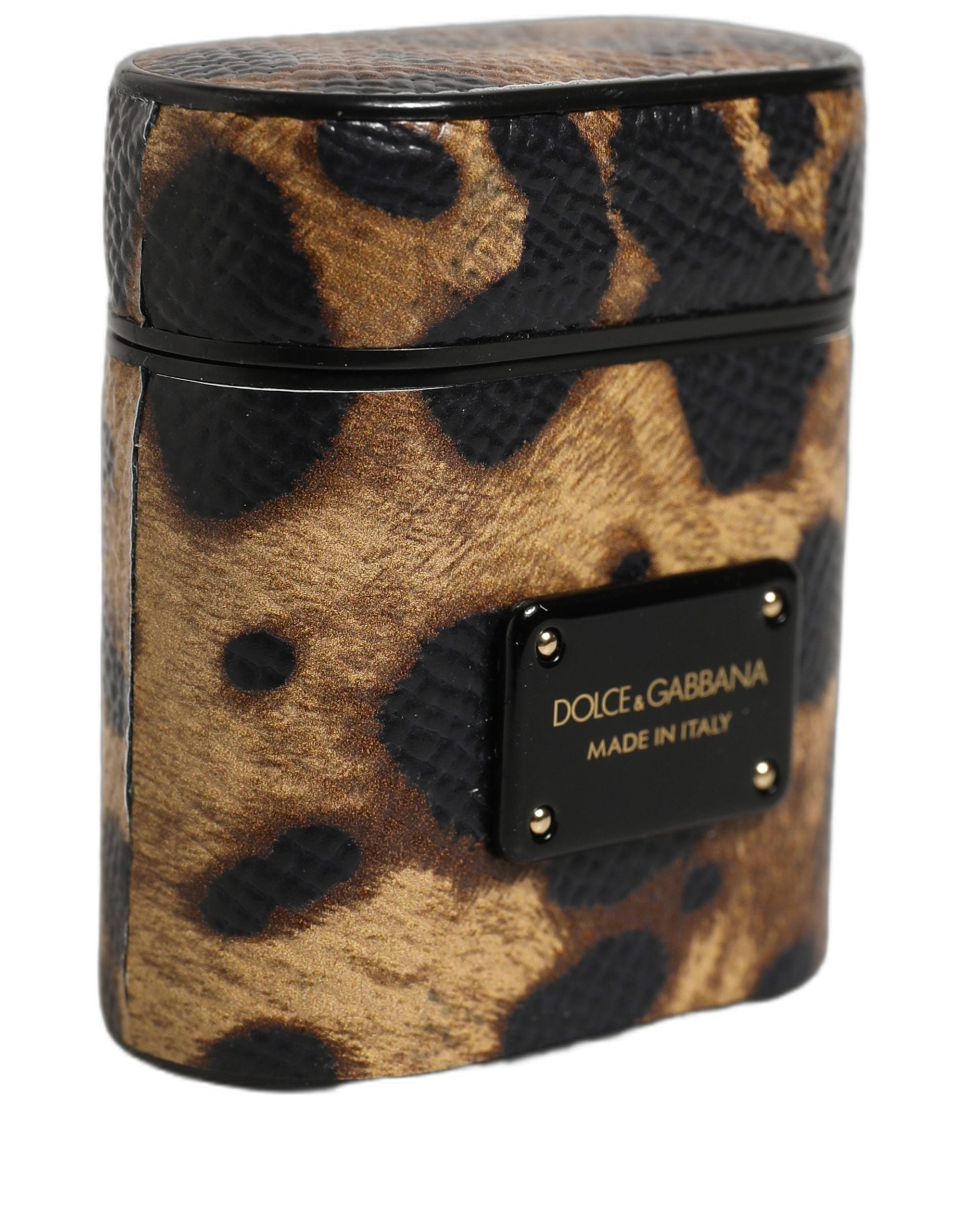 Brown Leopard Calf Leather Metal Logo Plaque Airpods Case